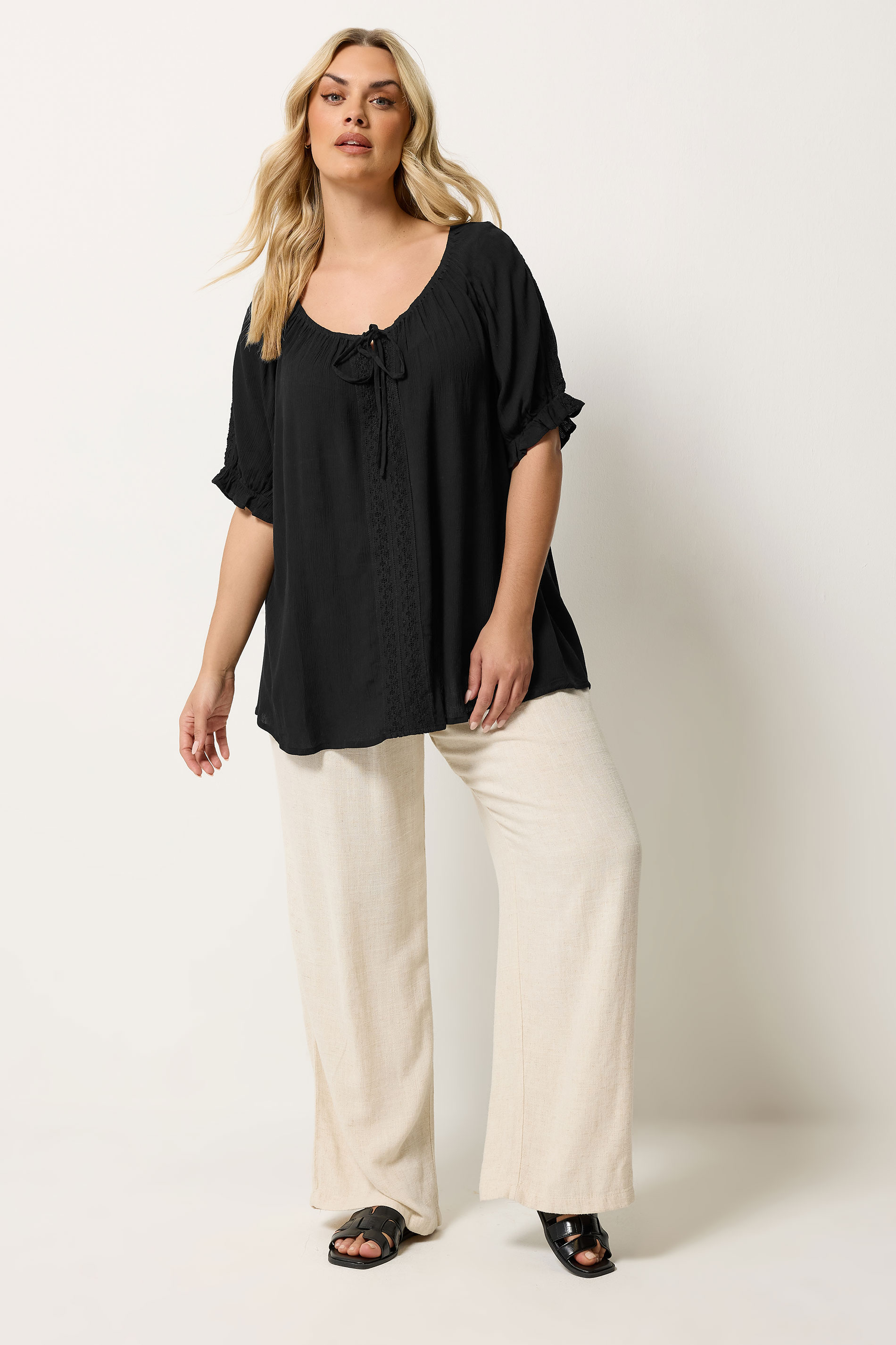 YOURS Plus Size Black Crochet Detail Top | Yours Clothing 1