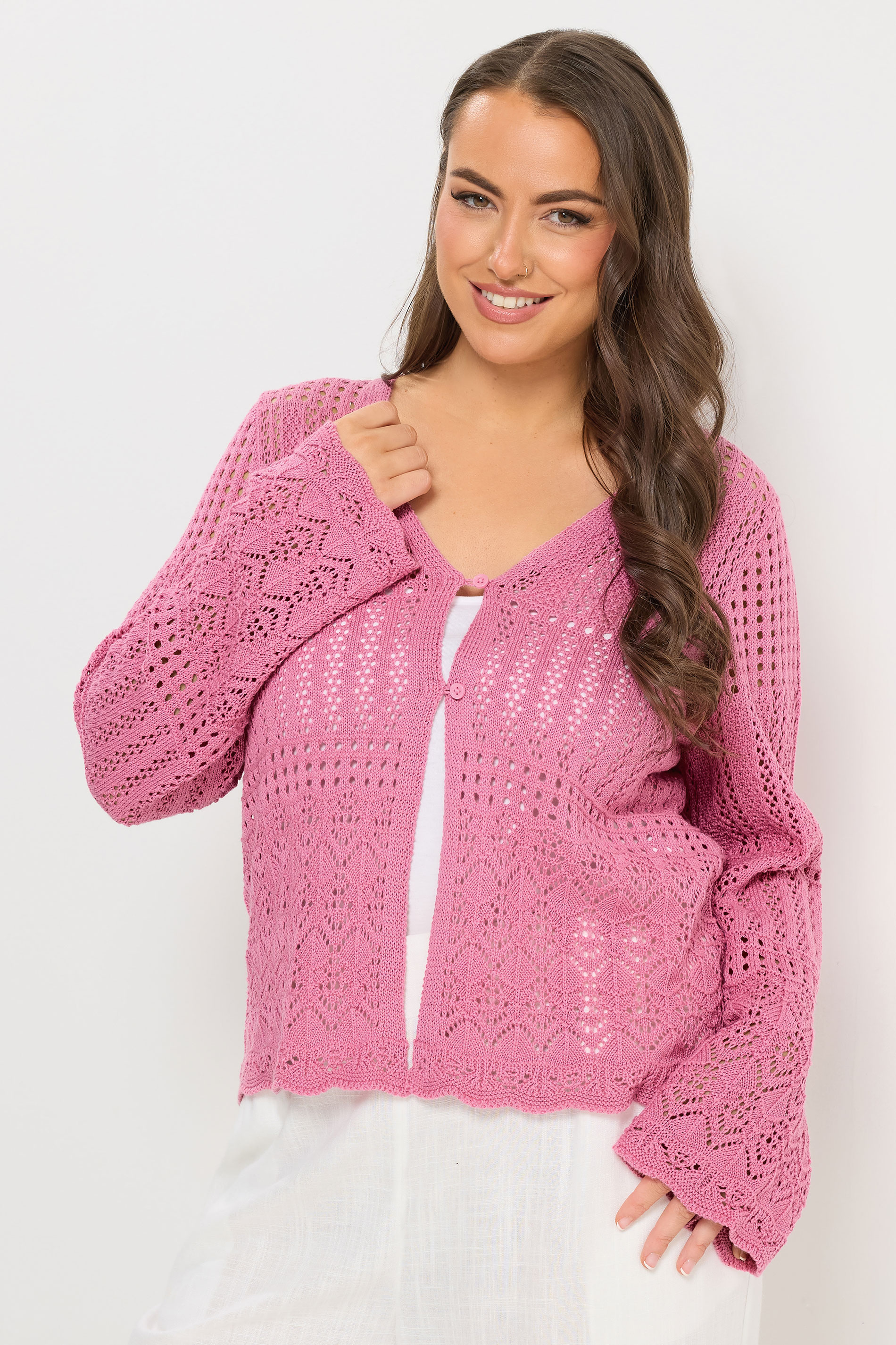 YOURS Plus Size Pink Pointelle Knitted Cardigan | Yours Clothing 3