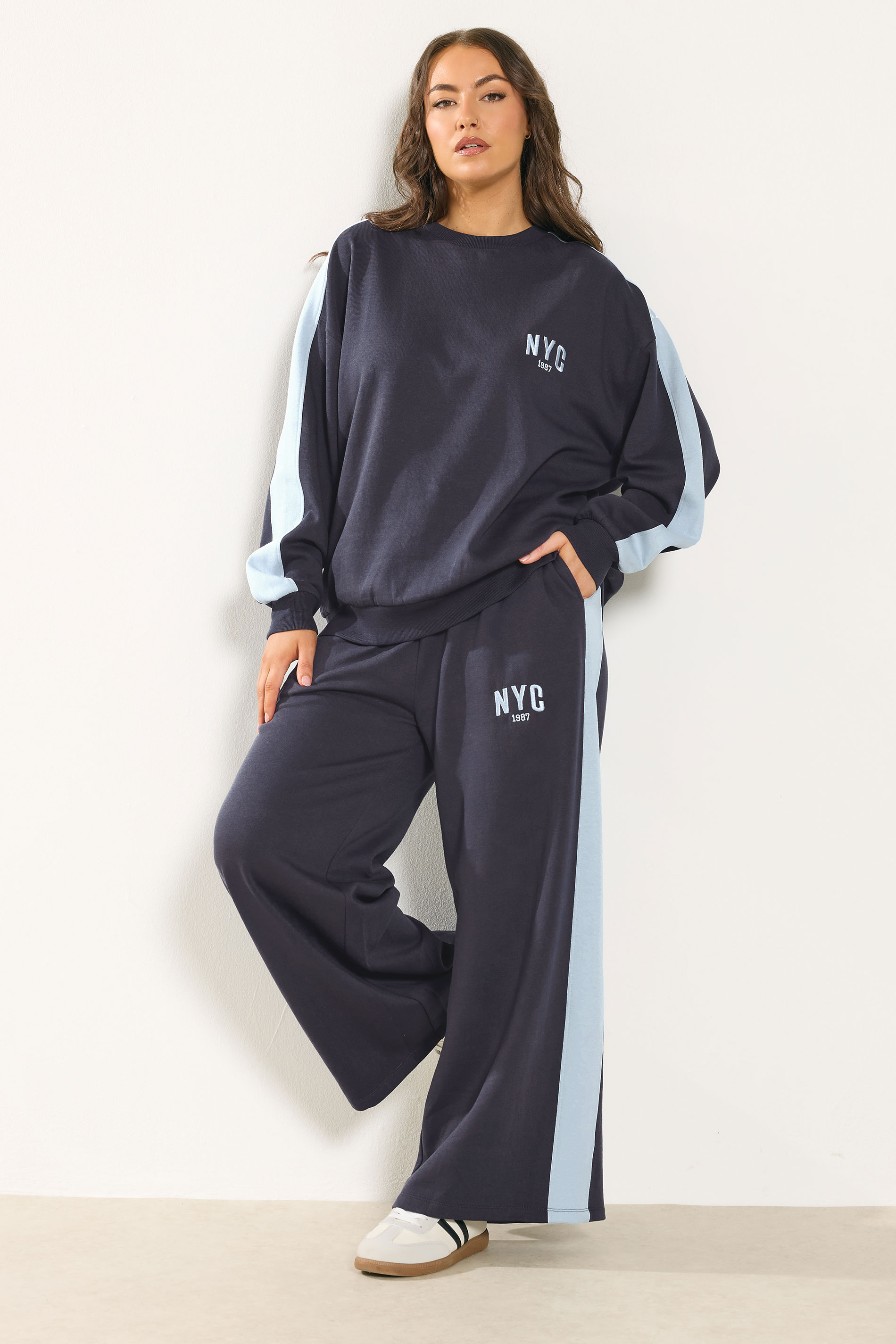 YOURS Plus Size Navy Blue 'NYC' Side Stripe Sweatshirt | Yours Clothing 4