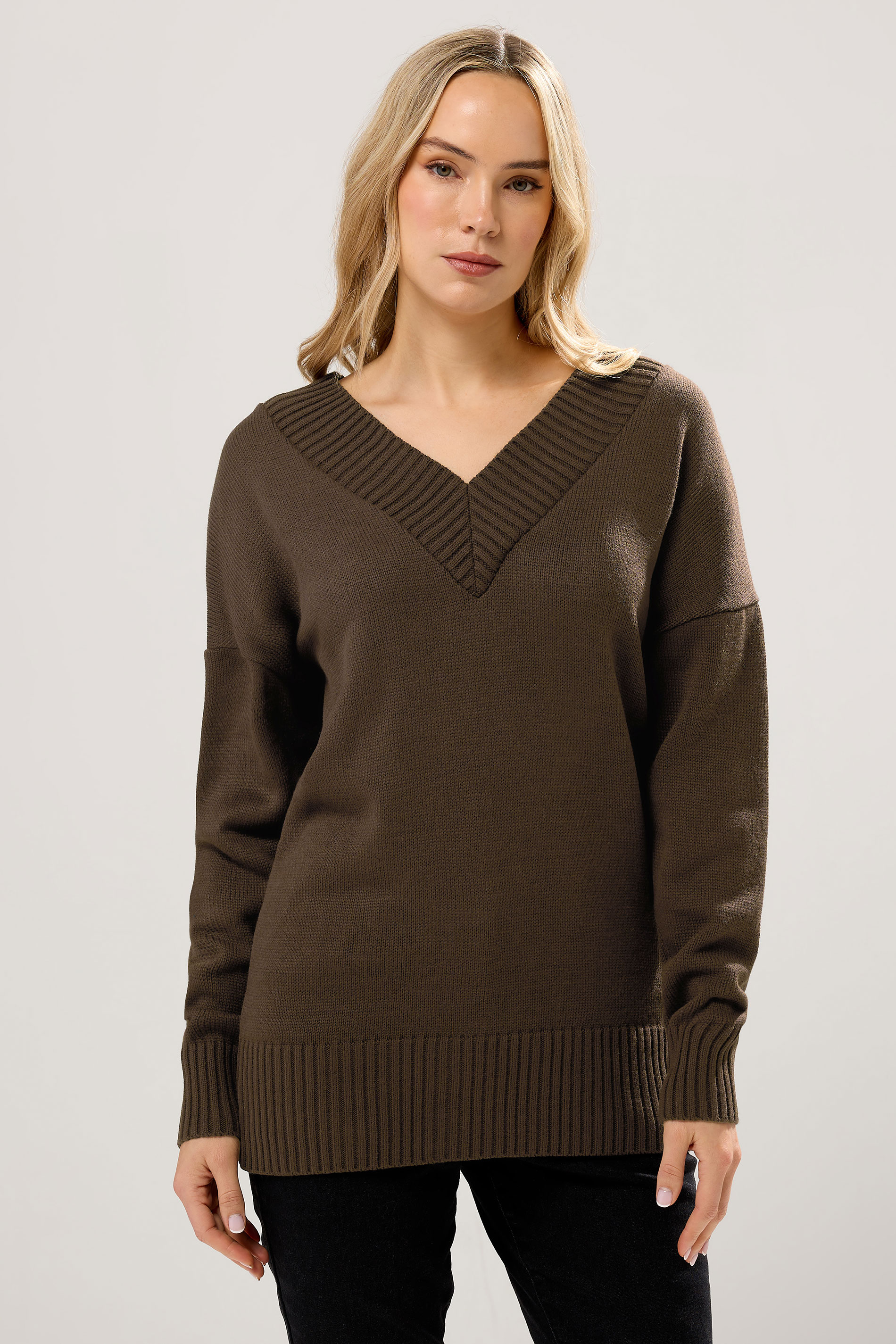 LTS Tall Chocolate Brown Knitted V-Neck Jumper | Long Tall Sally 3