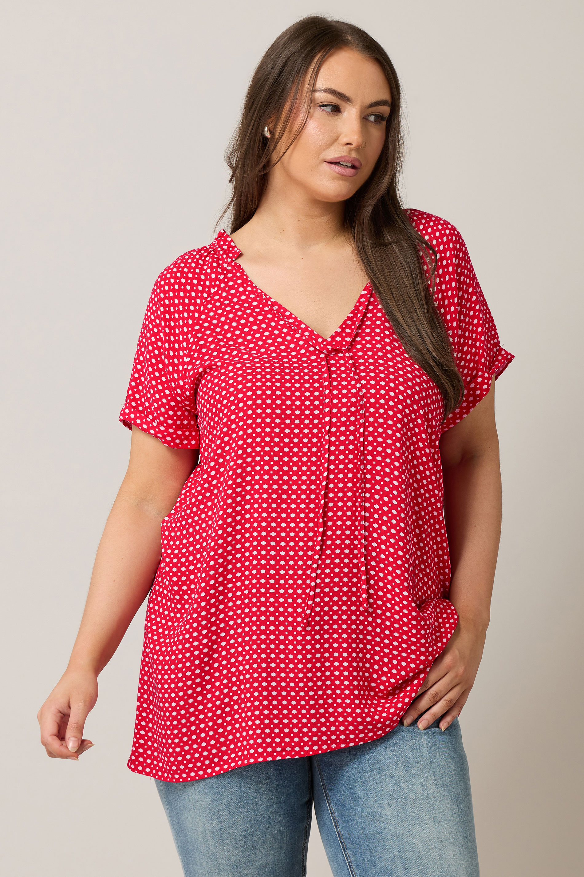 EVANS Plus Size Red Dot Print Tie Neck Blouse | Evans 3