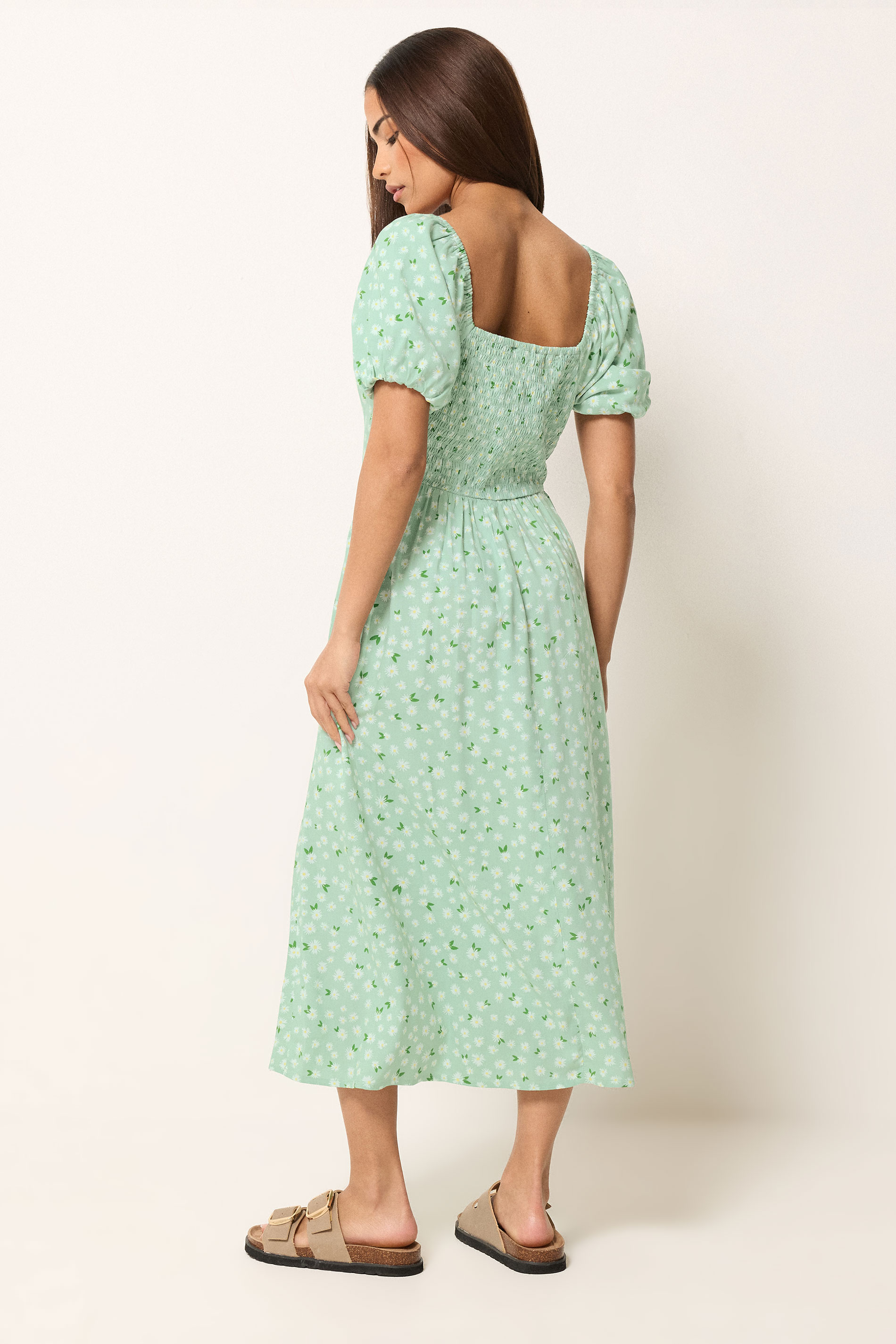 PixieGirl Petite Women's Light Green Daisy Puff Sleeve Midi Dress | PixieGirl 2