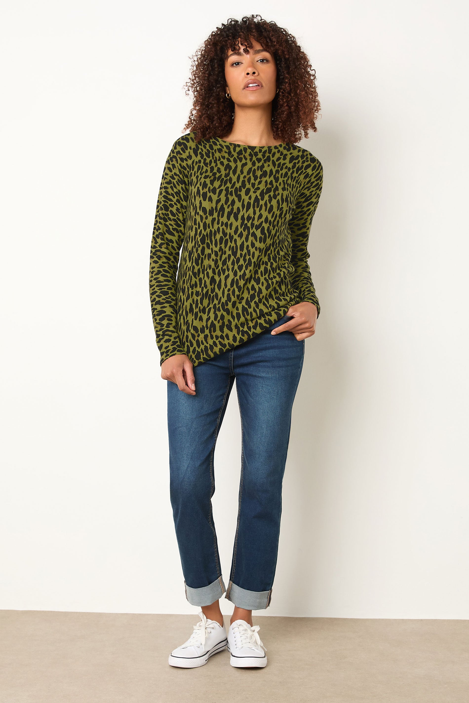 M&Co Green Leopard Print Crew Neck Jumper | M&Co 1