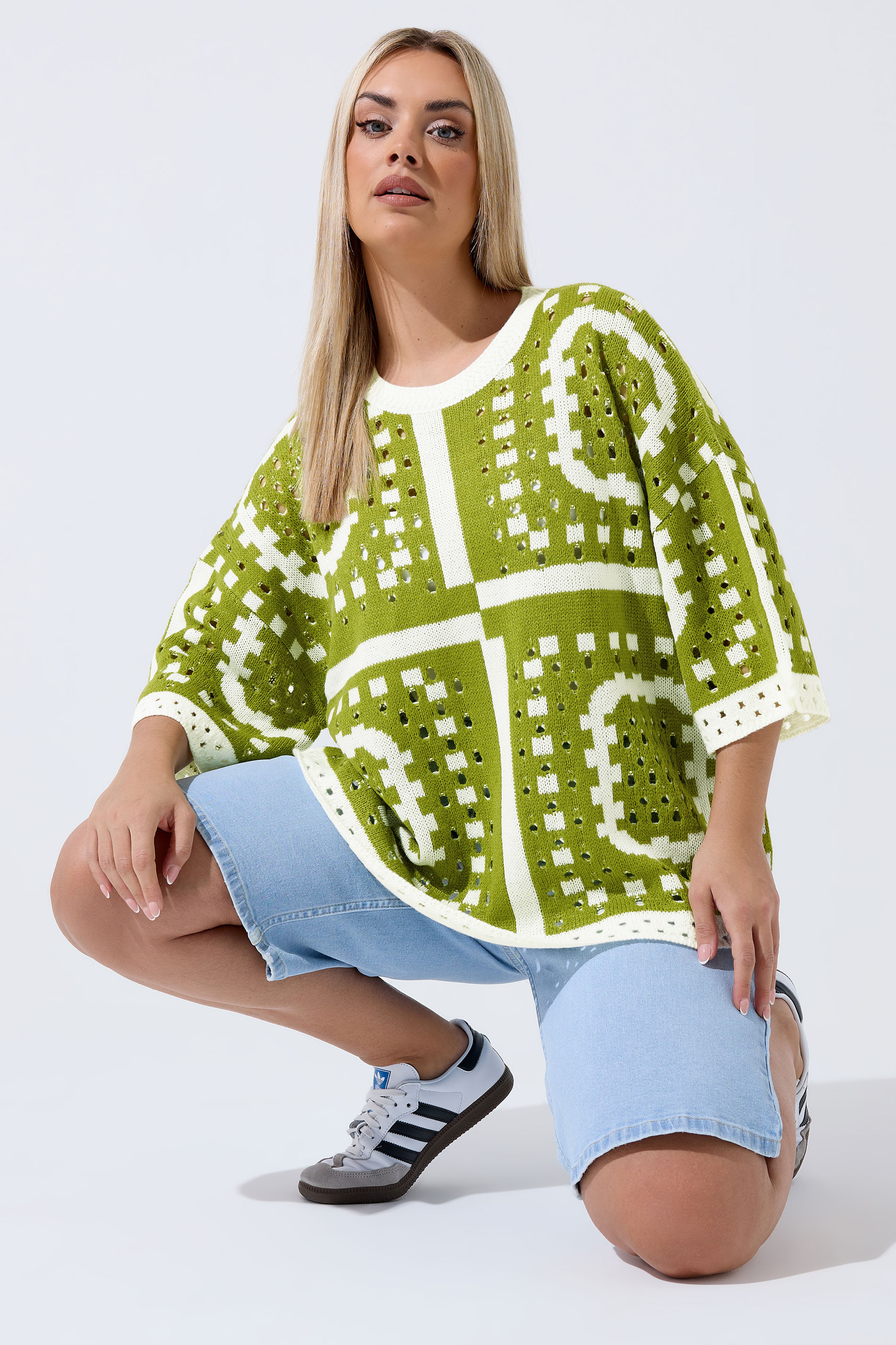 LIMITED COLLECTION Plus Size Green Abstract Crochet Boxy Top | Yours Clothing 3
