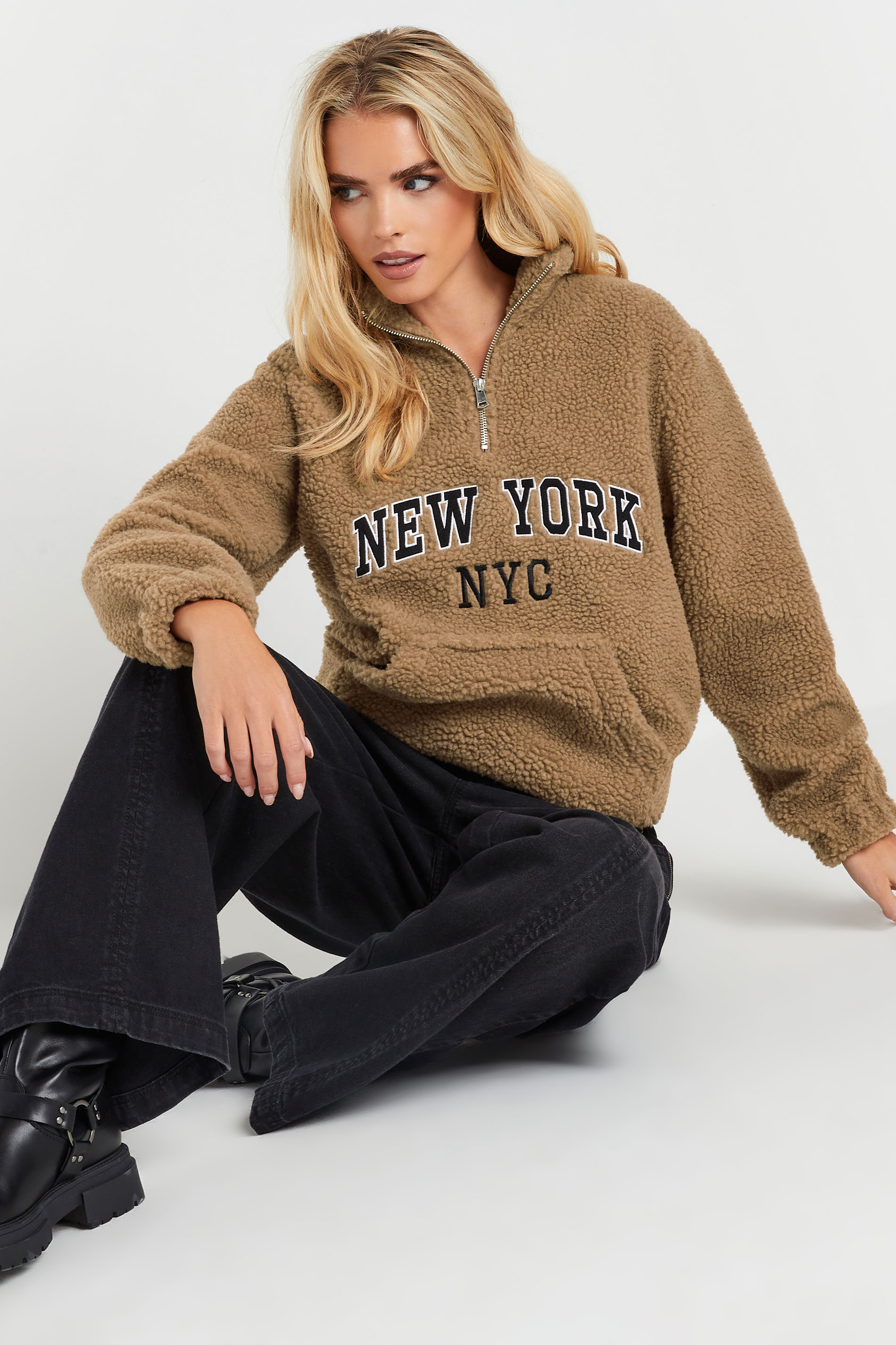 PixieGirl Petite Women's Beige Brown Slogan Half Zip Teddy Fleece | PixieGirl 3