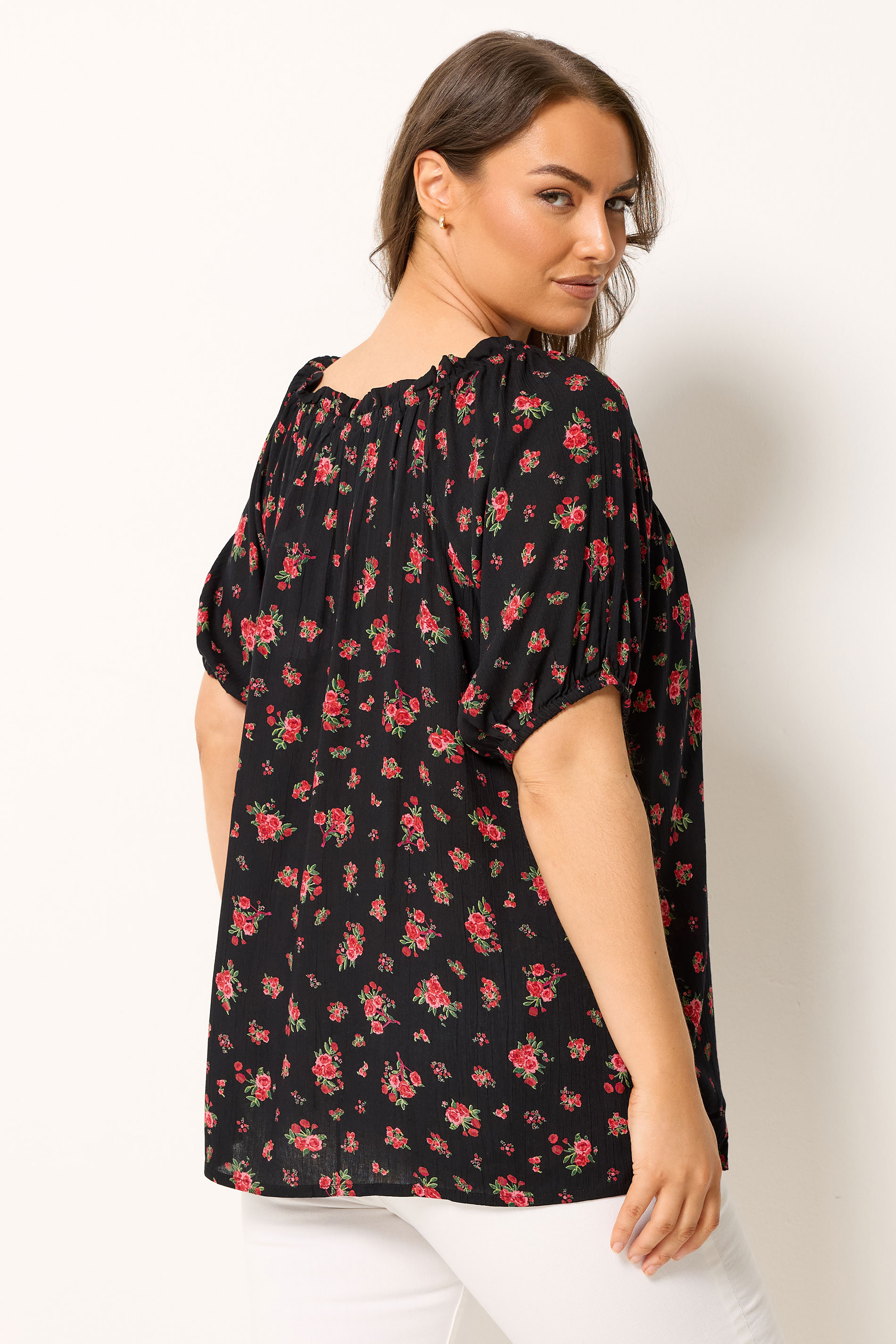 YOURS Plus Size Black Ditsy Floral Bardot Top | Yours Clothing 2