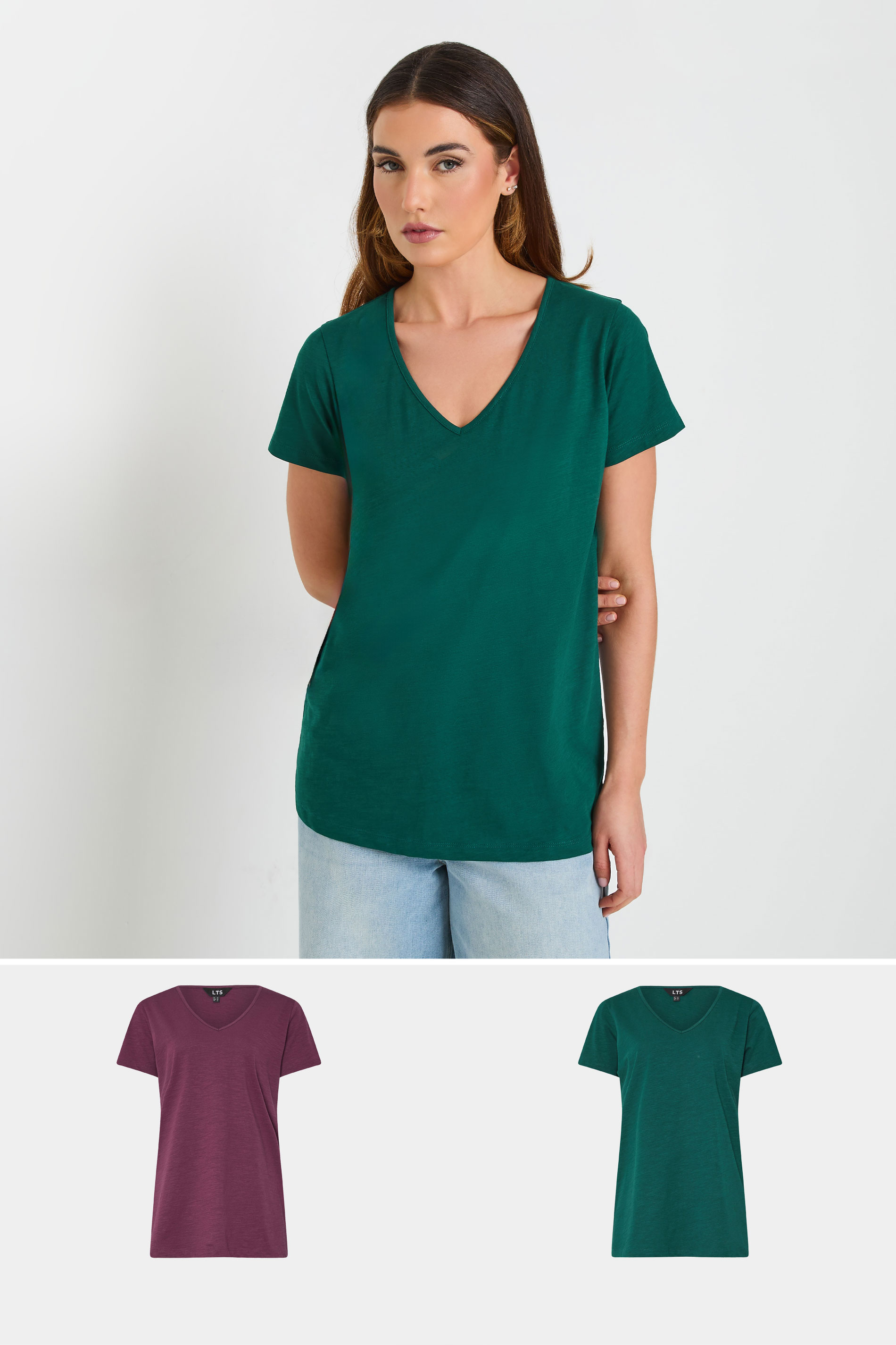 LTS Tall 2 PACK Green & Purple Cotton V-Neck T-Shirts | Long Tall Sally  3