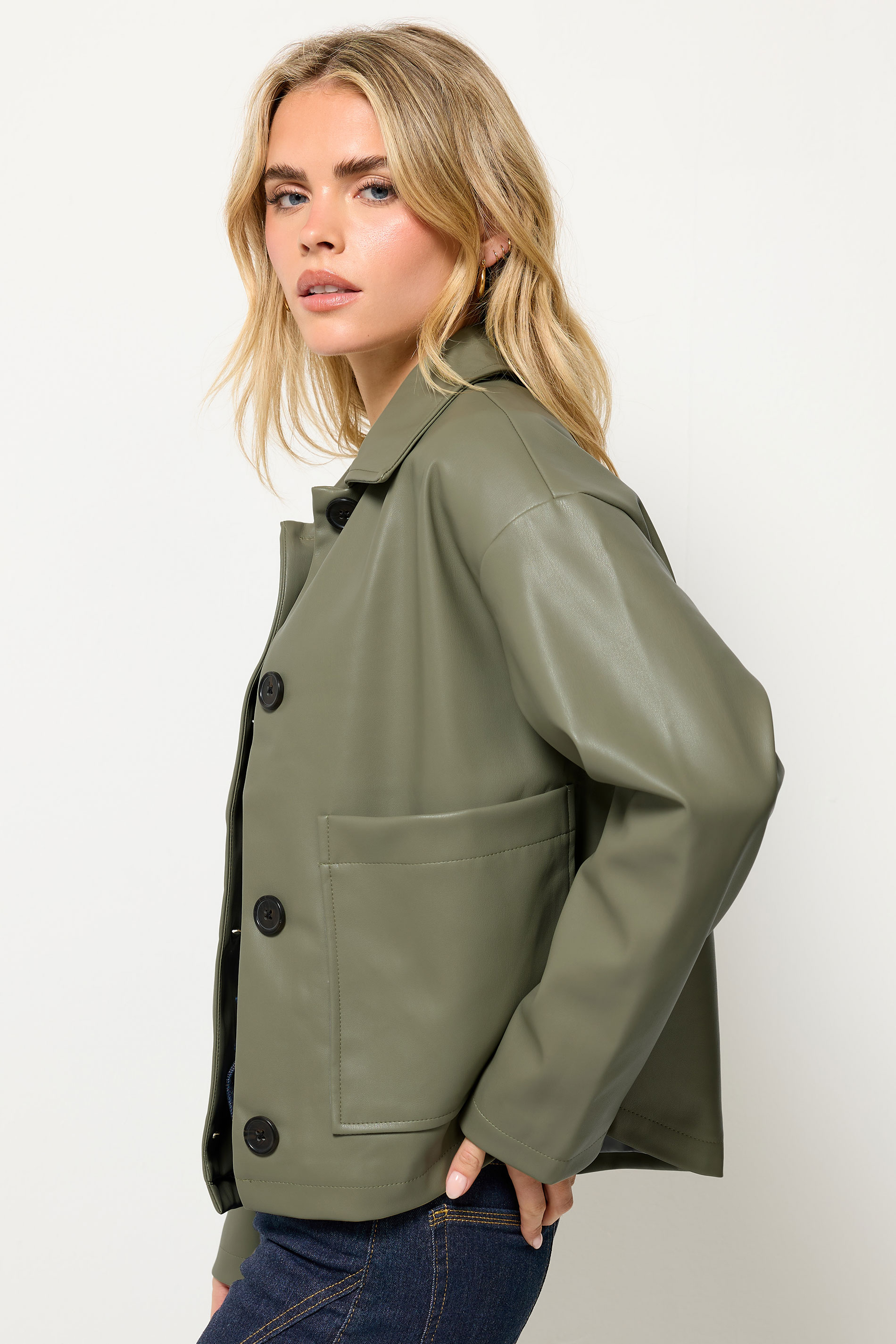 PixieGirl Petite Women's Green Faux Leather Pocket Jacket | PixieGirl 3