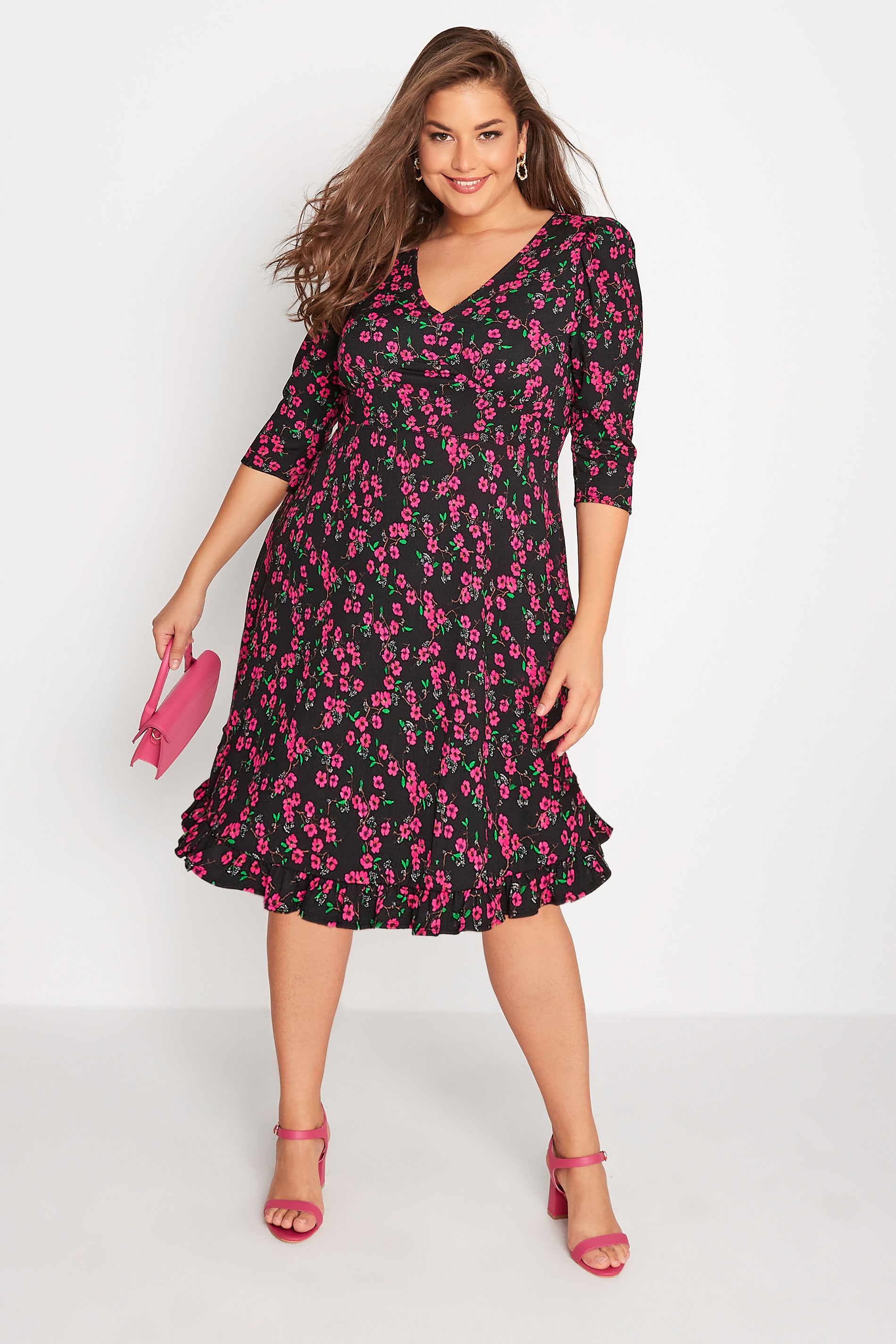 Plus Size Black & Pink Ditsy Print Frill Trim Dress | Yours Clothing 2