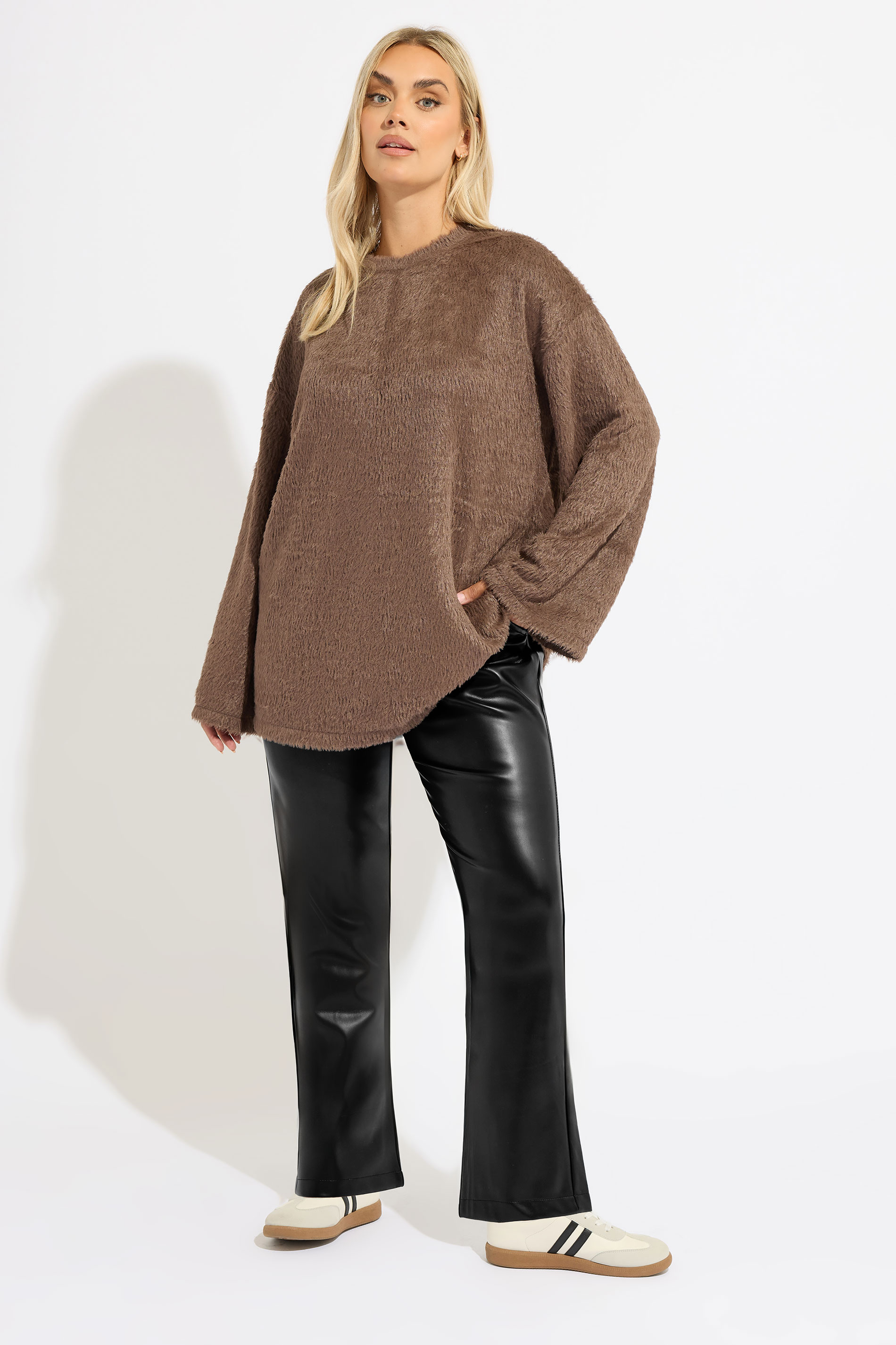 YOURS Plus Size Black Faux Leather Straight Leg Trousers | Yours Clothing  3