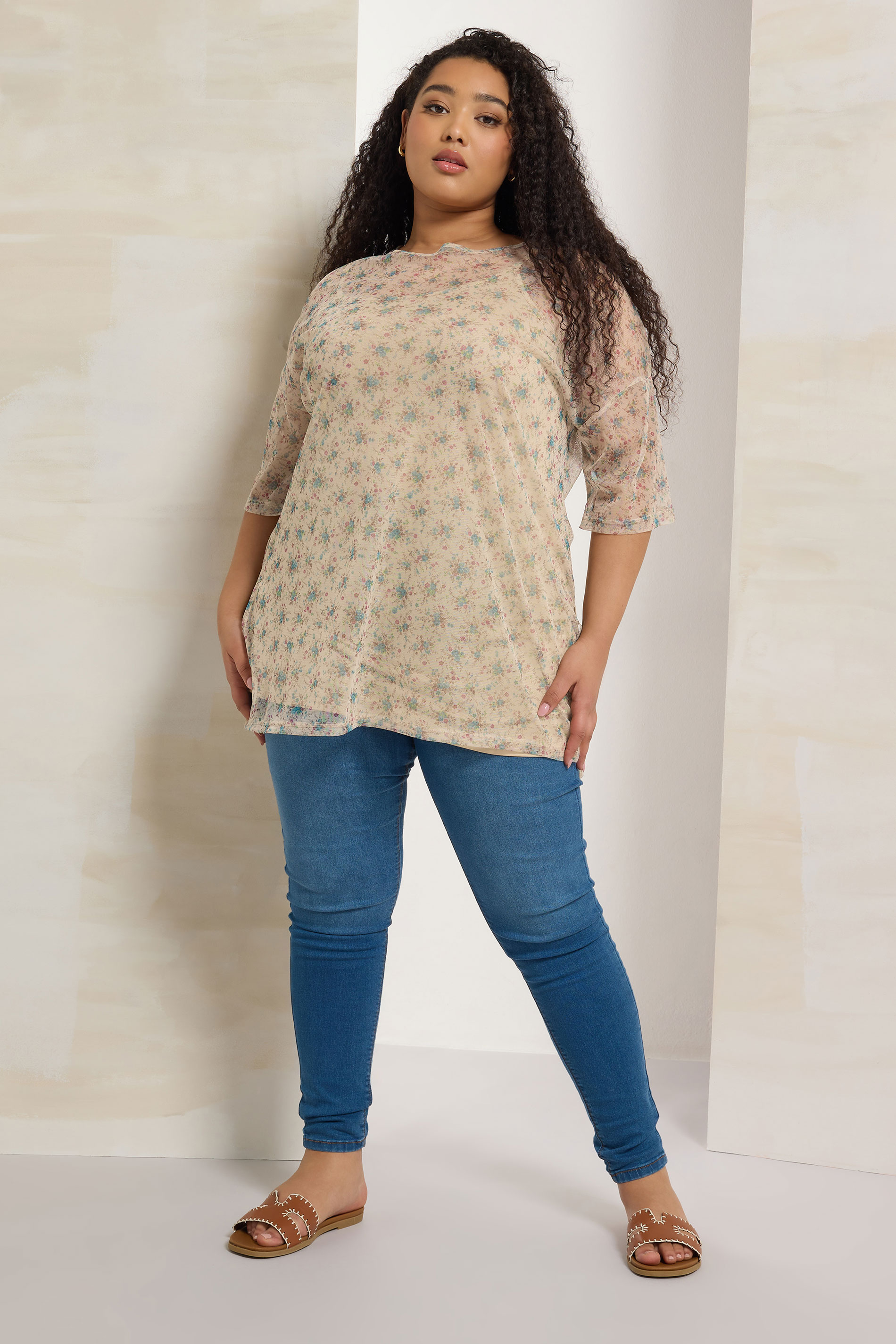 YOURS Plus Size Natural Brown & Blue Floral Oversized Mesh Top | Yours Clothing 1