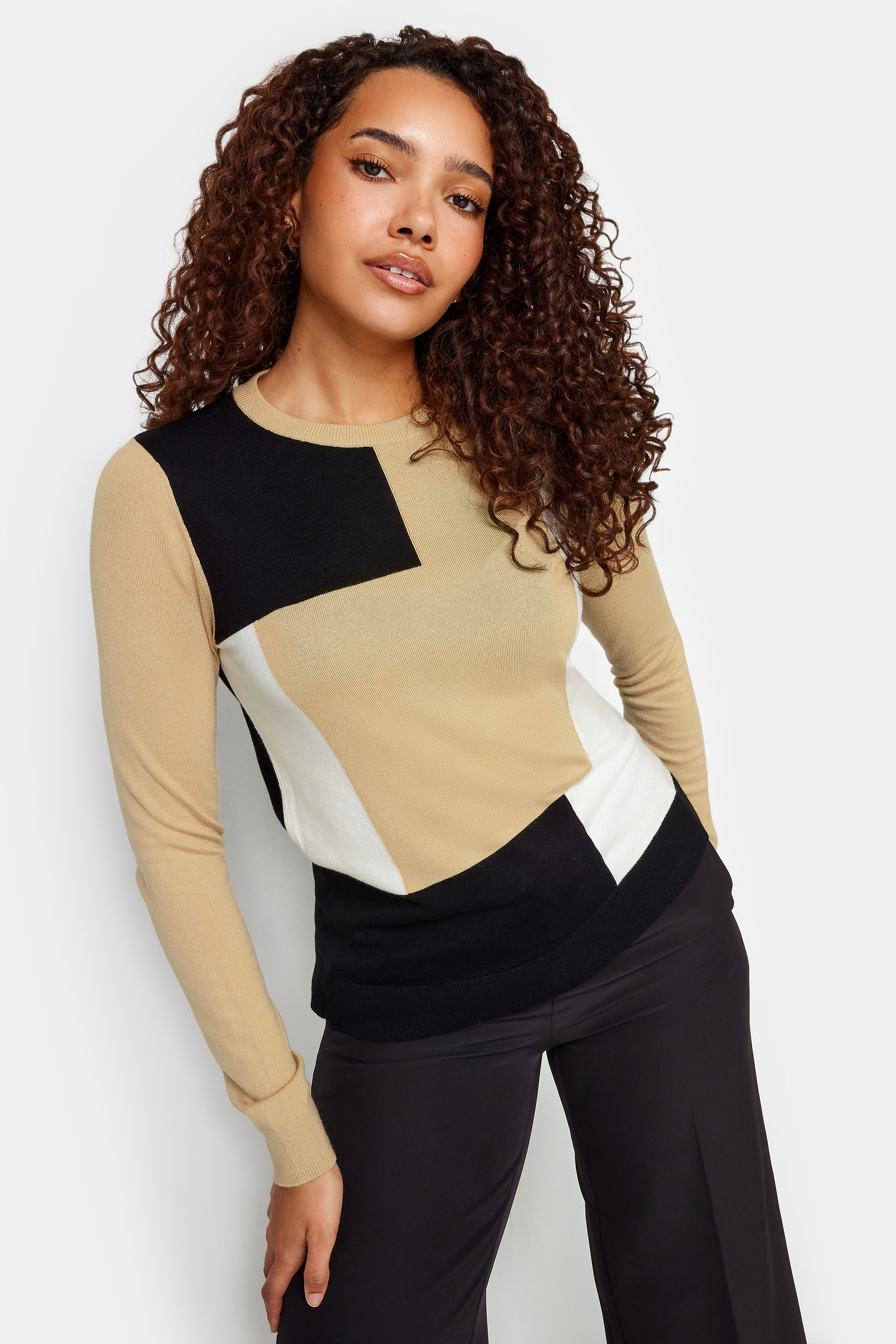 M&Co Neutral Brown Colourblock Knitted Jumper | M&Co 1