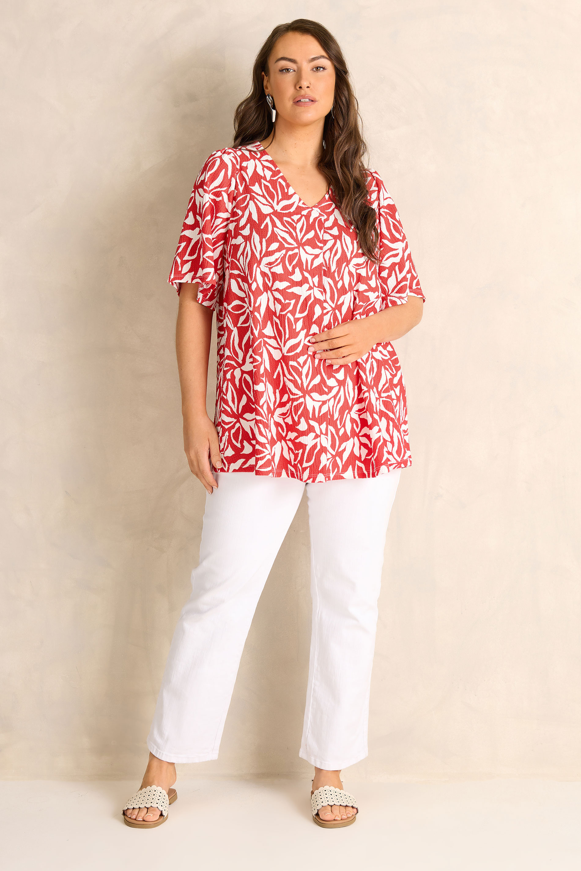 EVANS Plus Size Red Floral Pleat Front Angel Sleeve Top | Evans  1