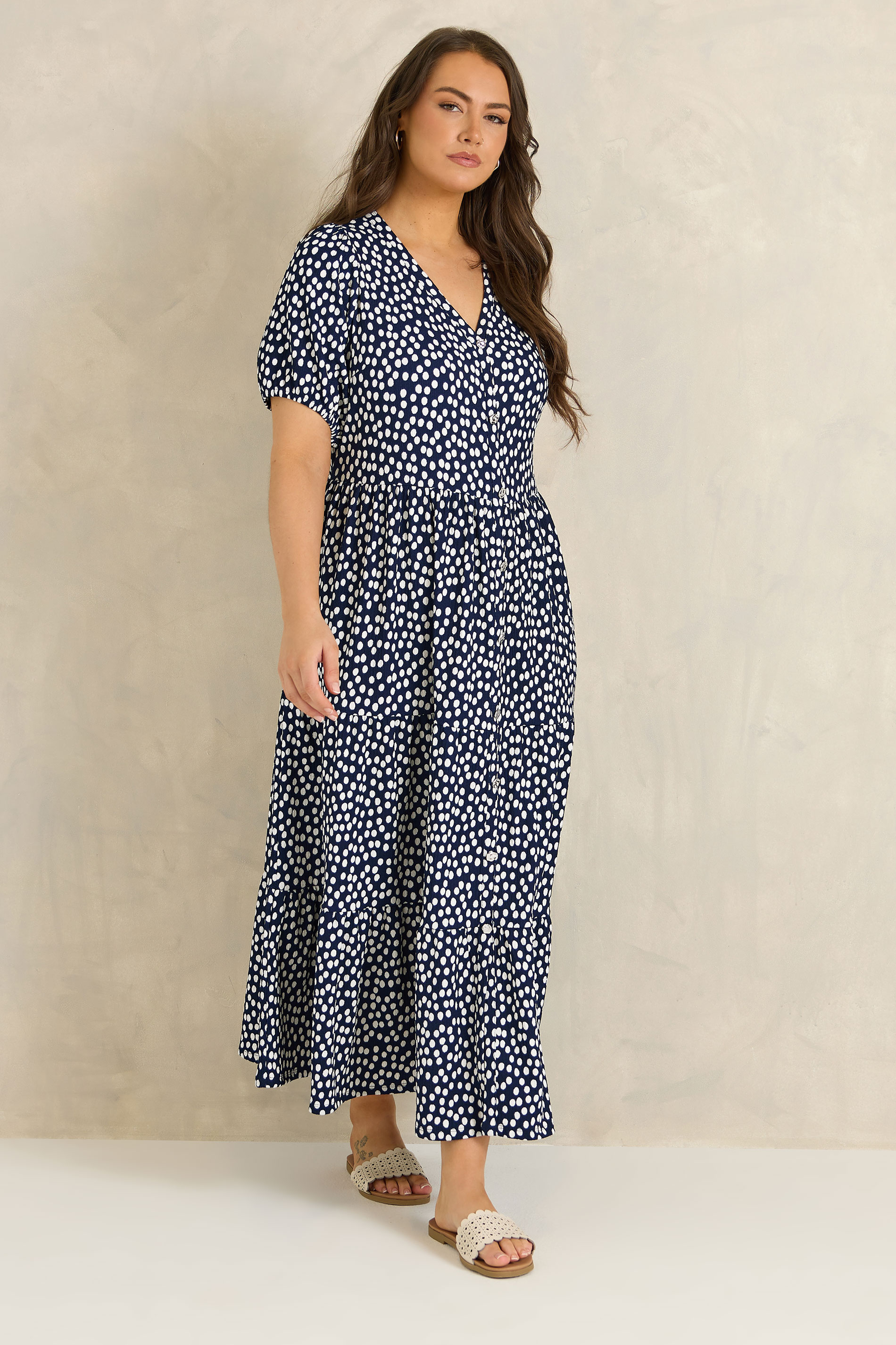 EVANS Plus Size Navy Blue Spot Print Tiered Maxi Dress | Evans 1