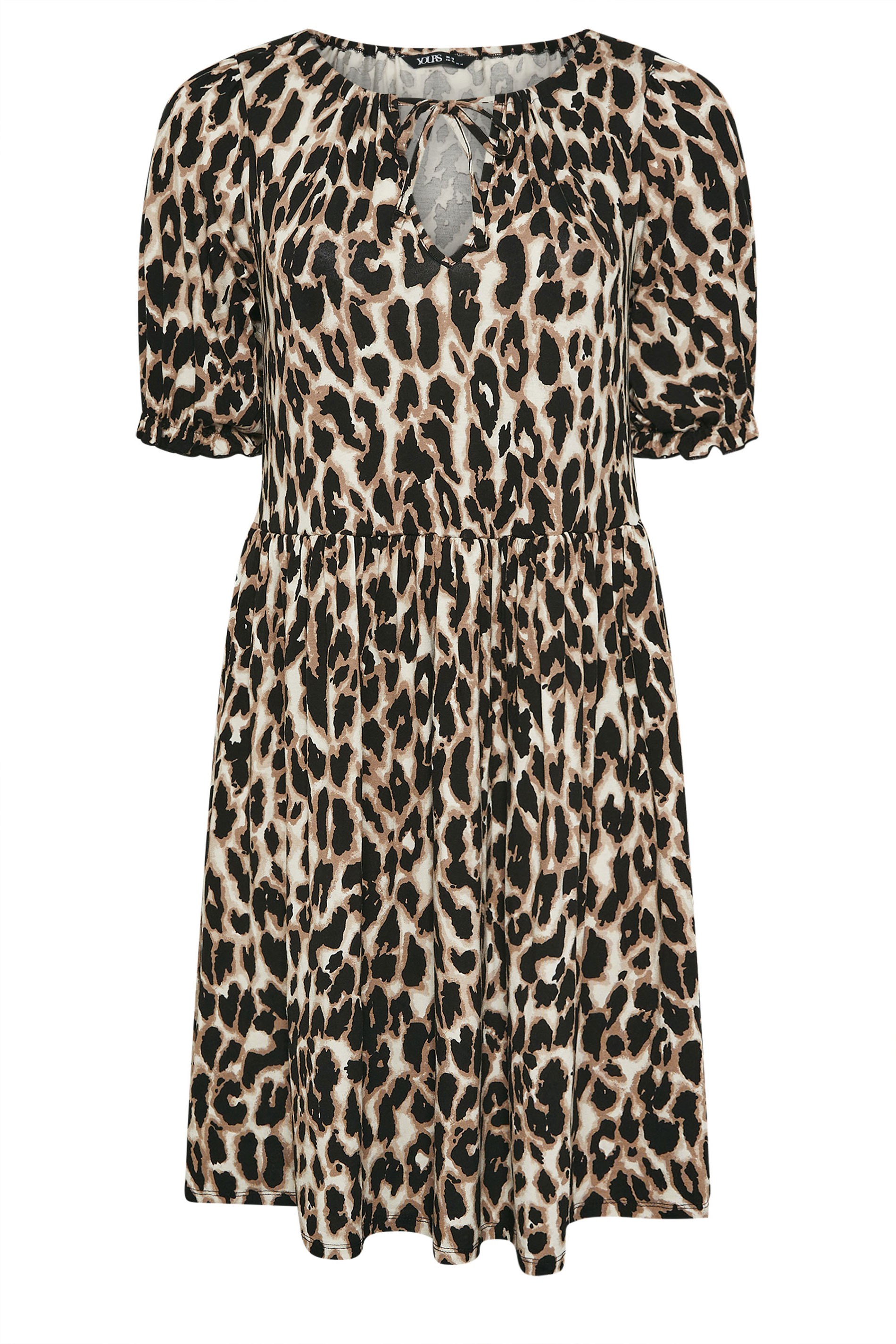 YOURS Plus Size Natural Brown Leopard Tie Neck Mini Dress | Yours Clothing 5