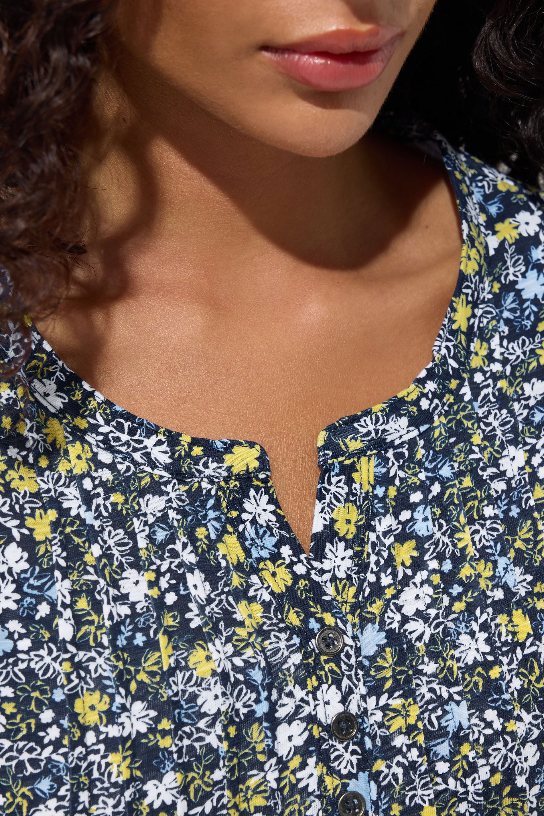 M&Co Petite Navy Blue Cotton Ditsy Floral Henley Top | M&Co 4