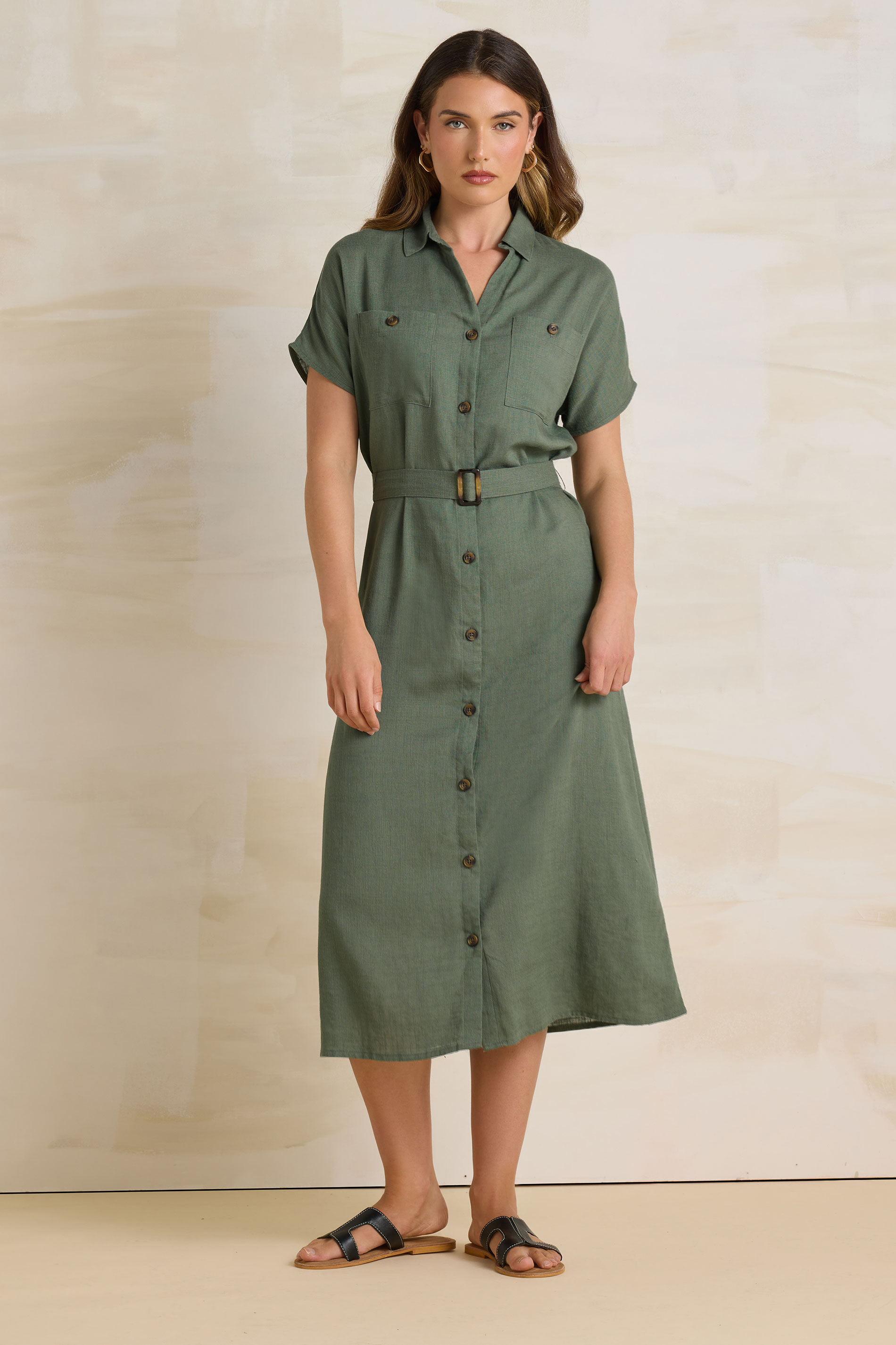 LTS Tall Khaki Green Linen Button Midi Dress | Long Tall Sally 1