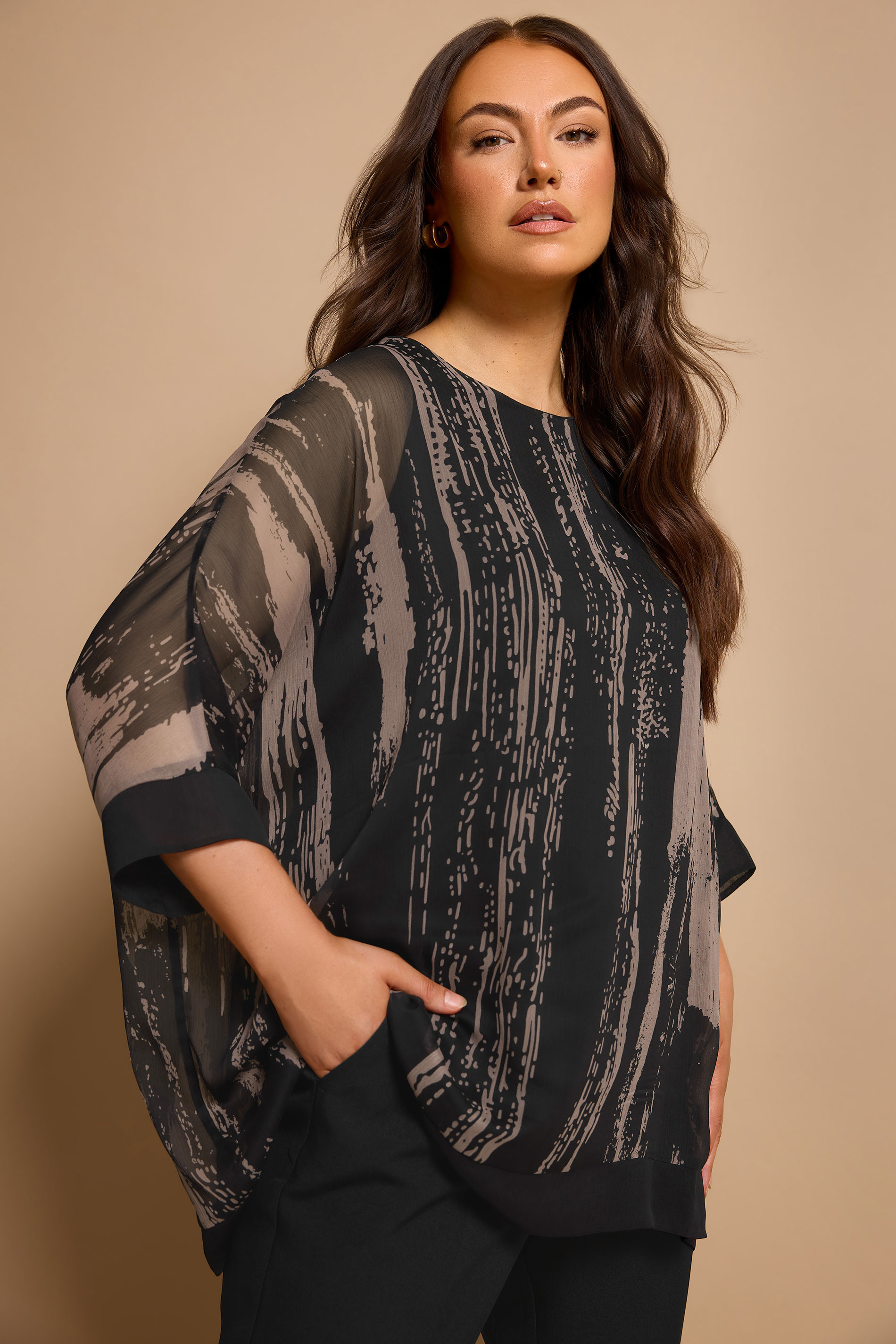 EVANS Plus Size Black & Brown Smudge Print Cape Top | Evans 3