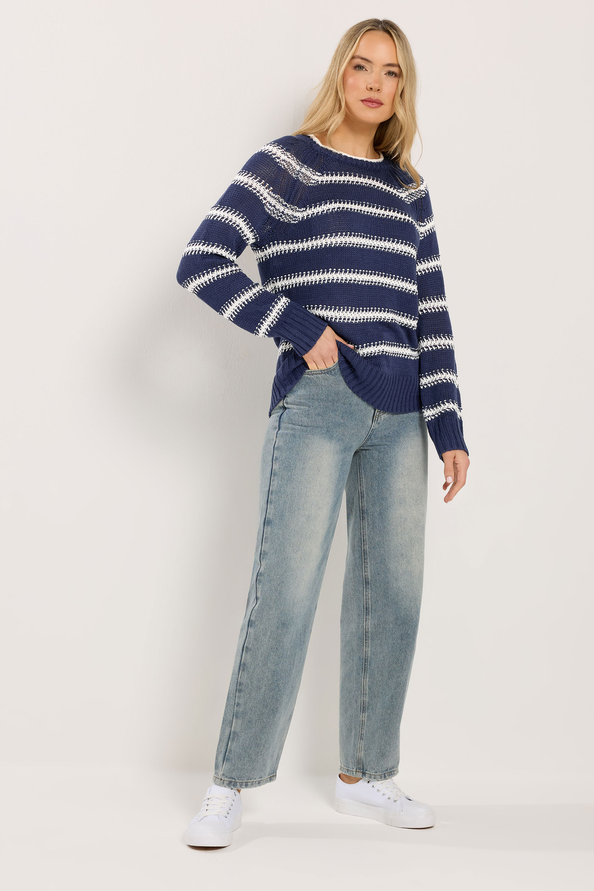 LTS Tall Navy Blue & White Stripe Knit Jumper | Long Tall Sally 1