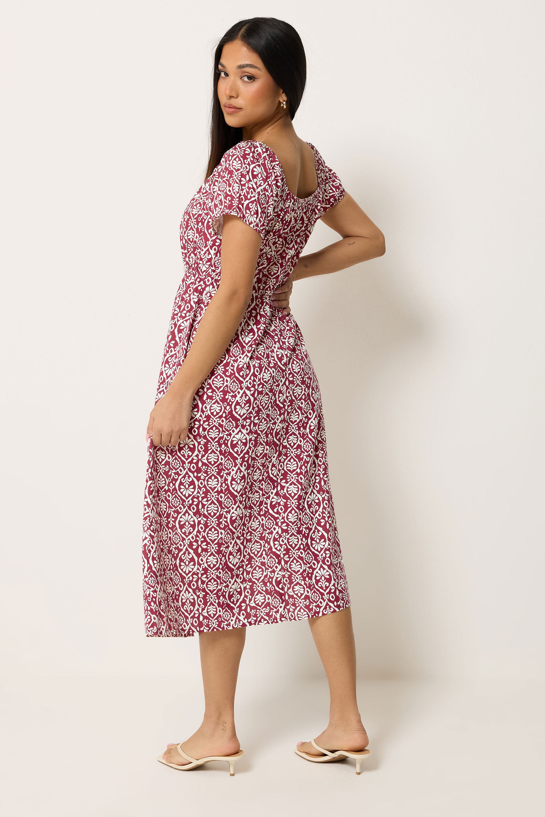M&Co Petite Red Abstract Tie Neck Midi Dress | M&Co 4