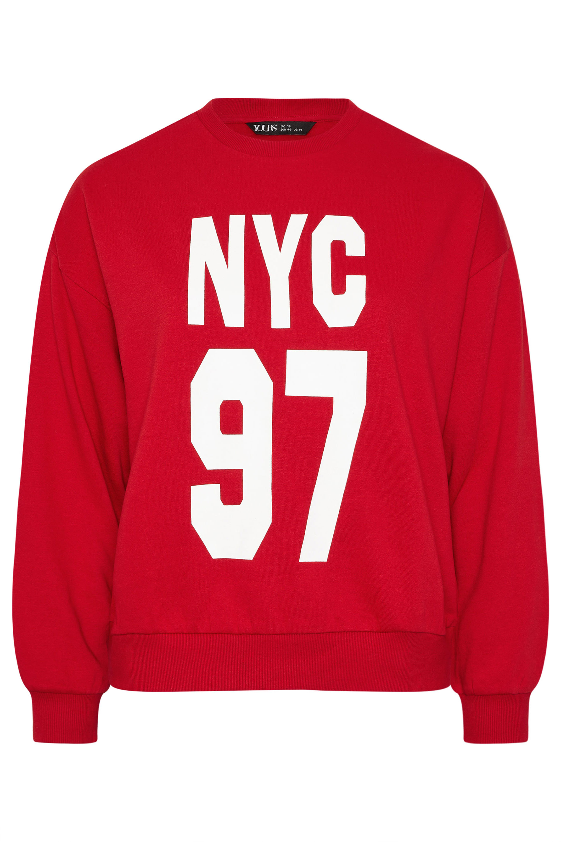 YOURS Plus Size Red 'NYC 97' Slogan Sweatshirt | Yours Clothing 7