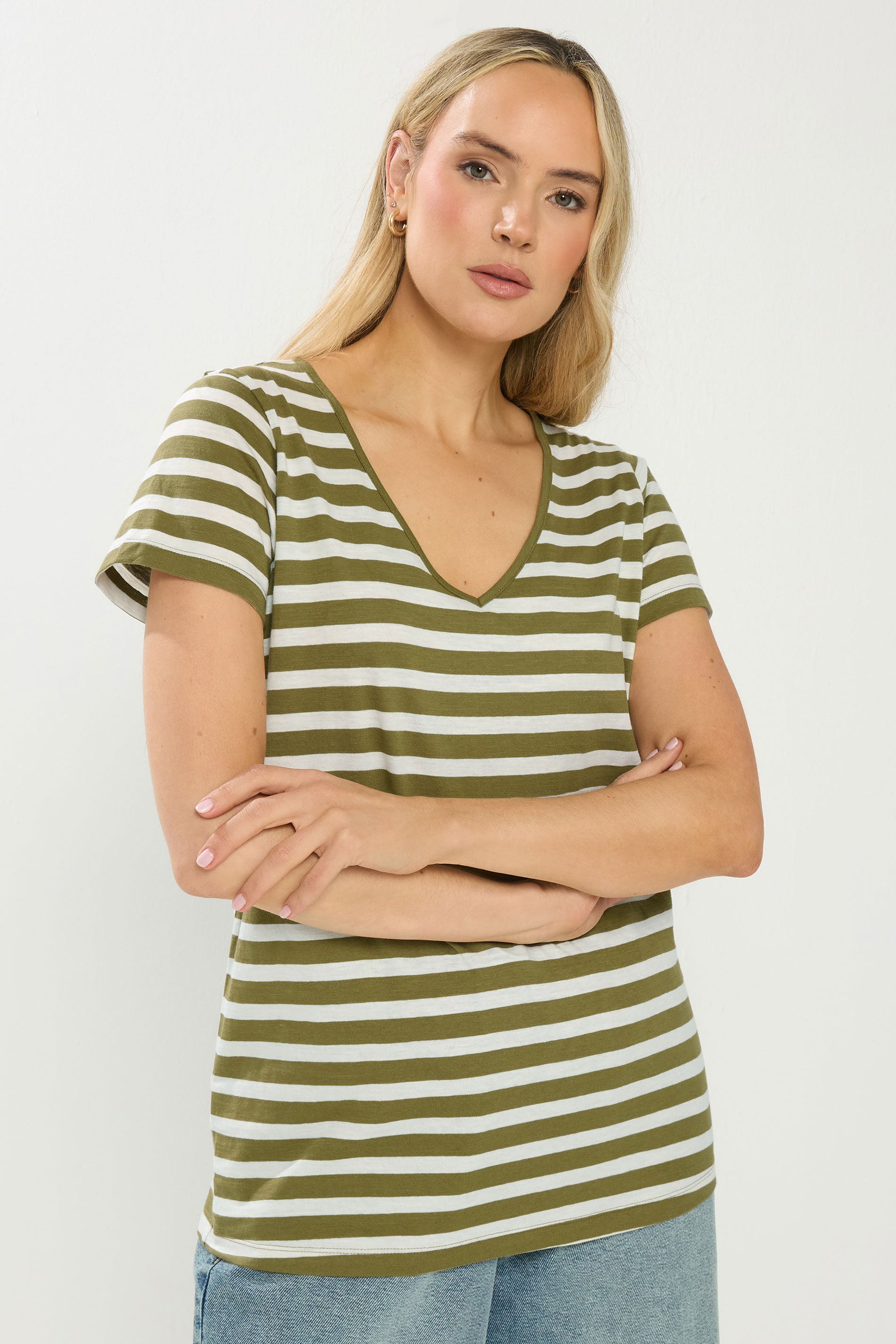 LTS Tall 2 PACK Coral Orange & Khaki Green Stripe Cotton T-Shirts | Long Tall Sally 1