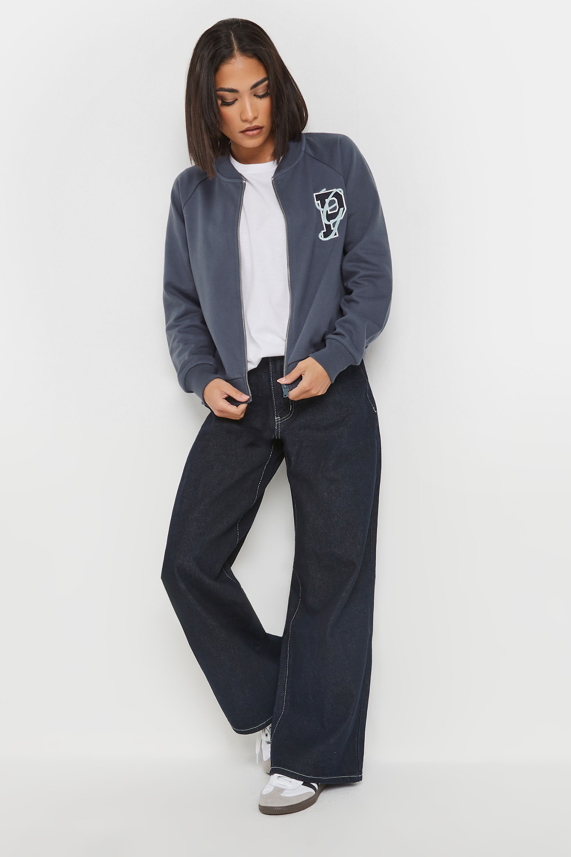 PixieGirl Petite Women's Blue Embroidered Initial Jersey Bomber Jacket | PixieGirl 2