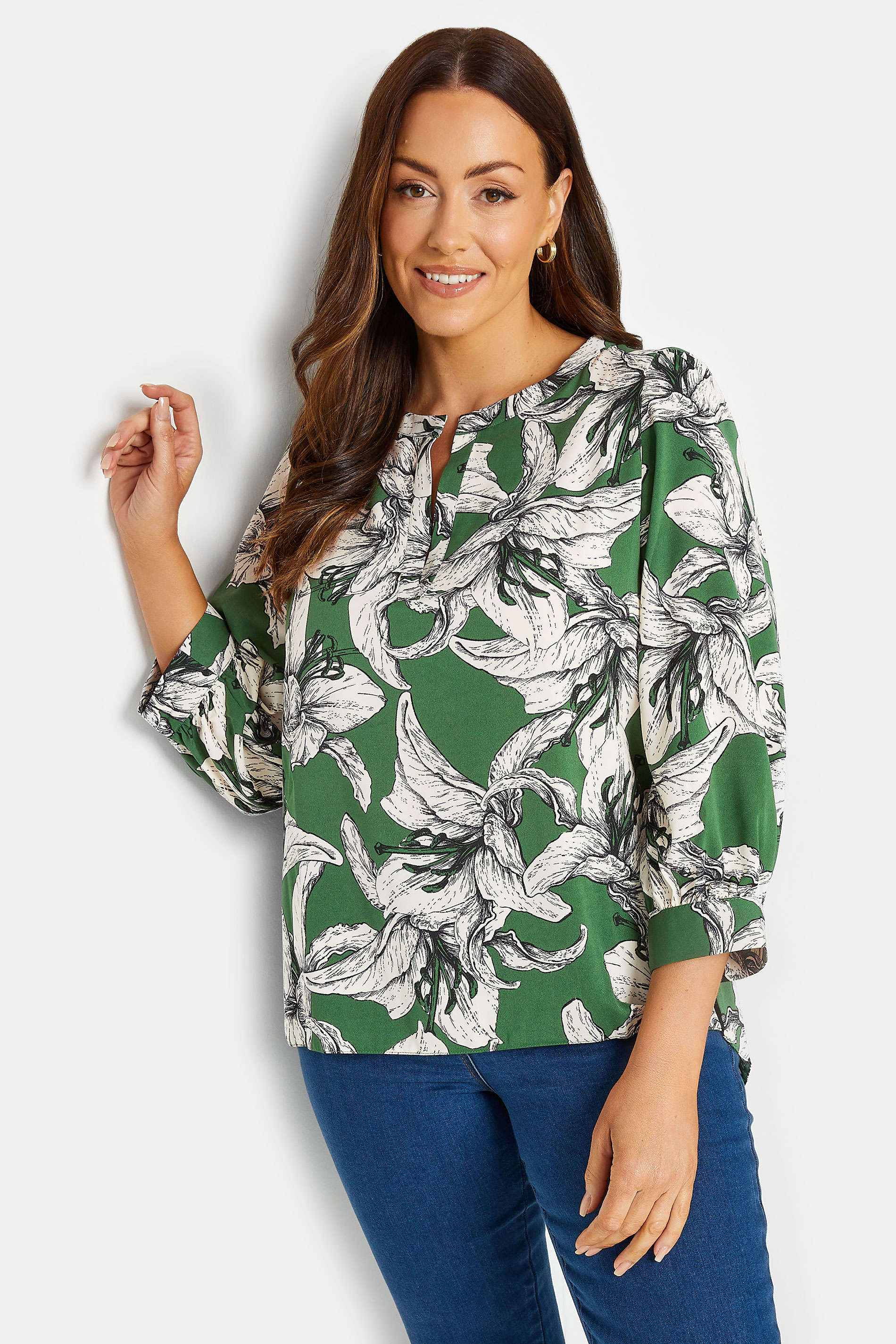 M&Co Green Floral Print 3/4 Sleeve Blouse | M&Co 1