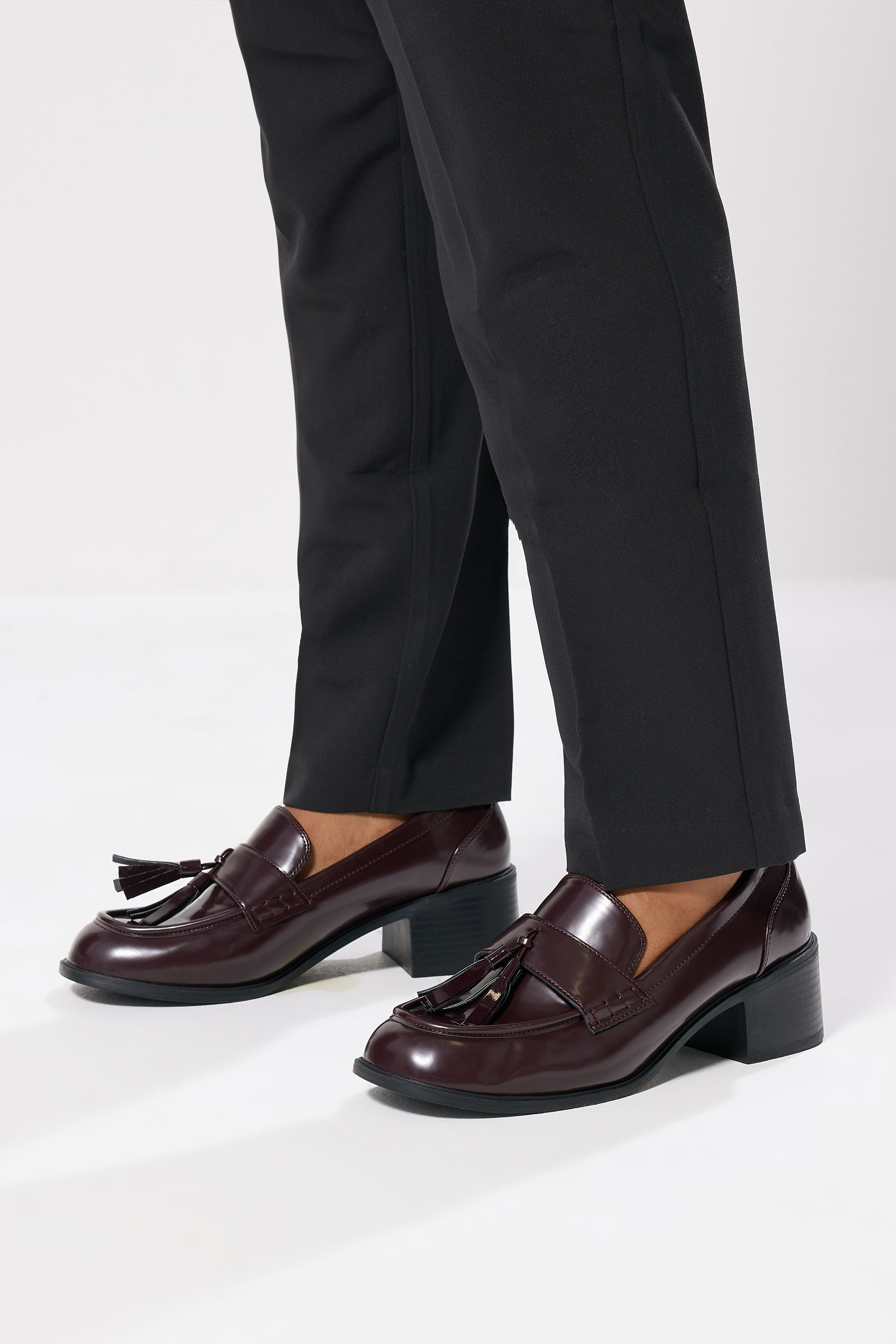 Burgundy Red Patent Heeled Tassel Loafers In Extra Wide EEE Fit | Yours Clothing 1