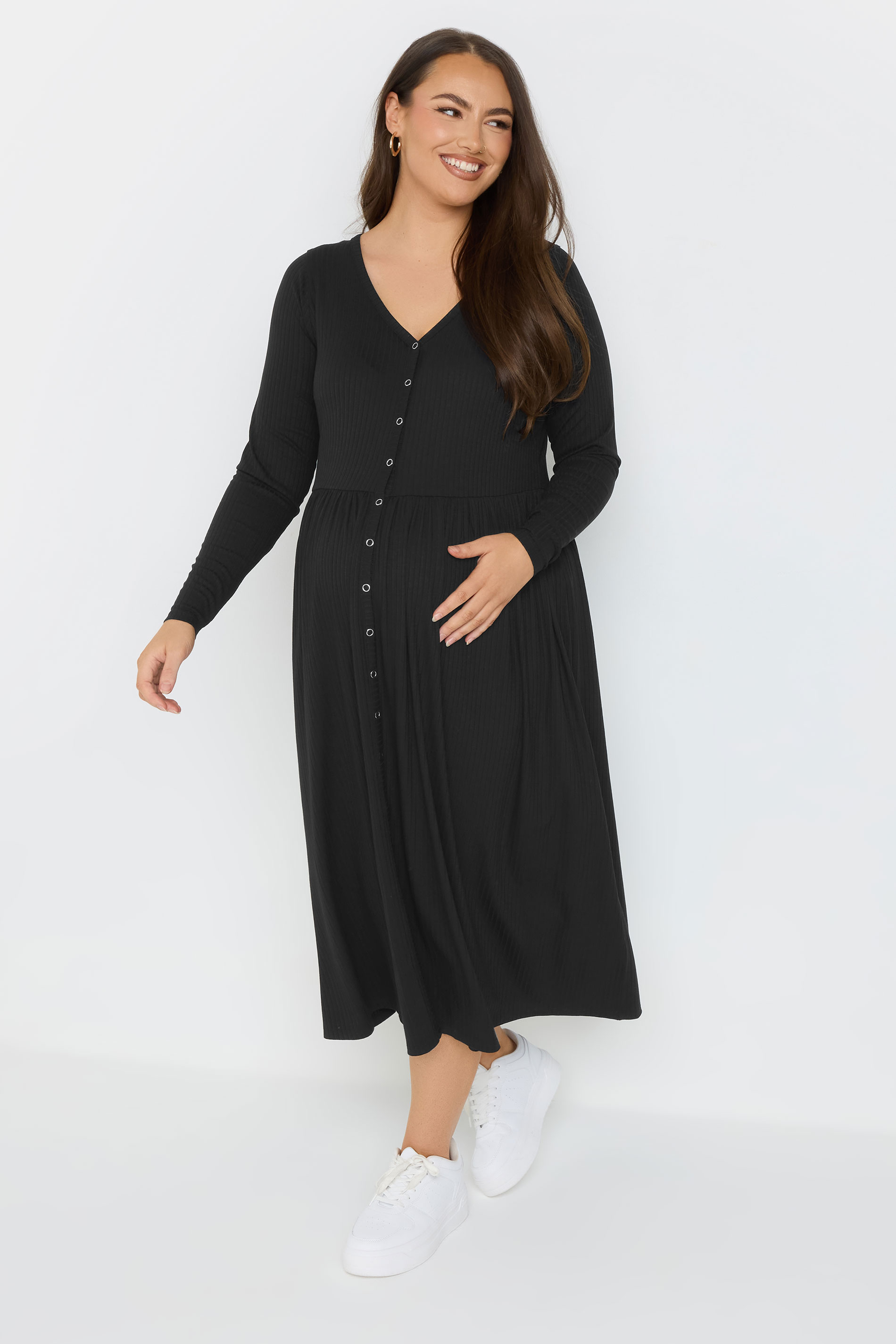 BUMP IT UP MATERNITY Plus Size Black Premium Ribbed Button Through Dress | Yours Clothing 3