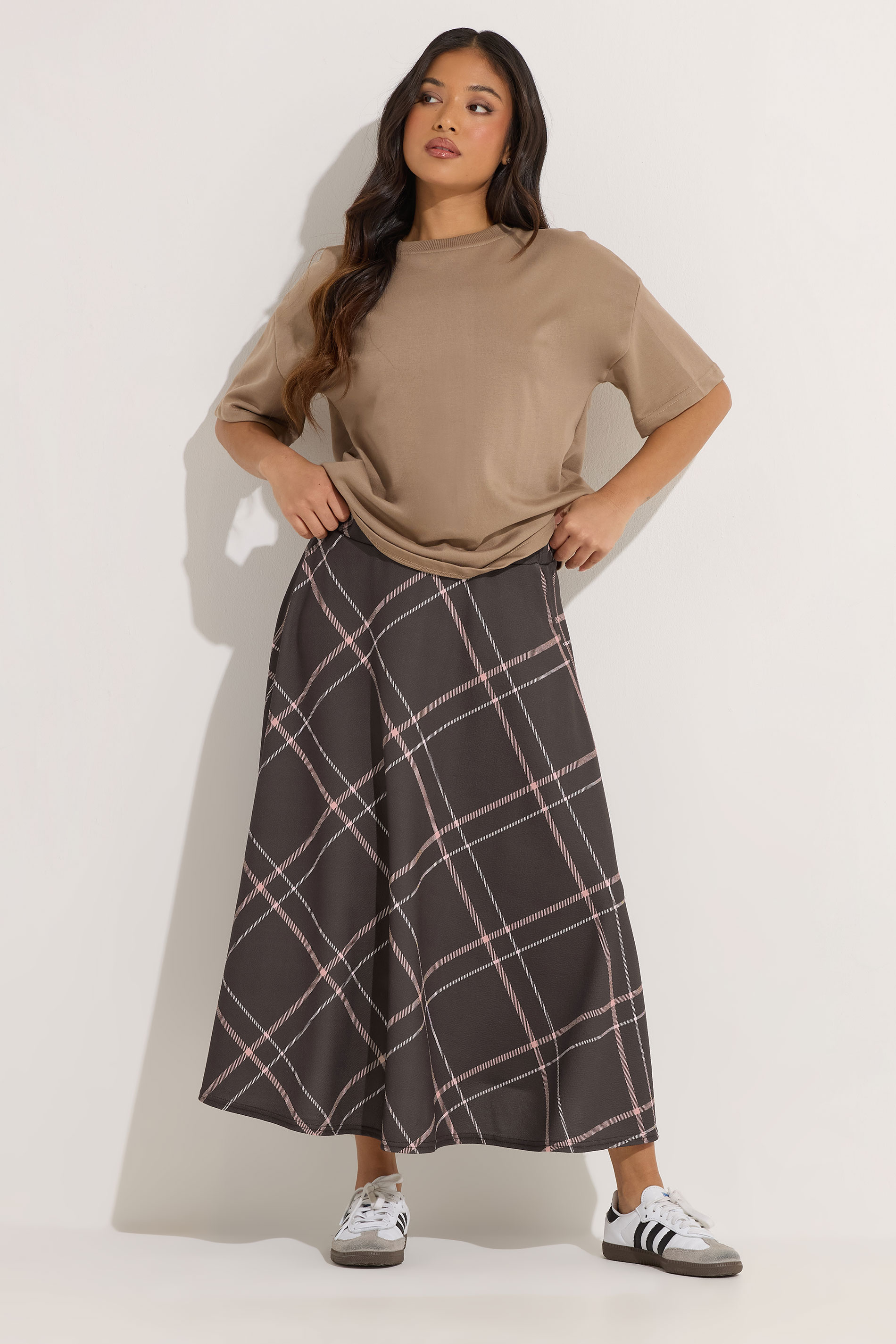 PixieGirl Petite Women's Chocolate Brown & Pink Check Midi Skirt | PixieGirl 3