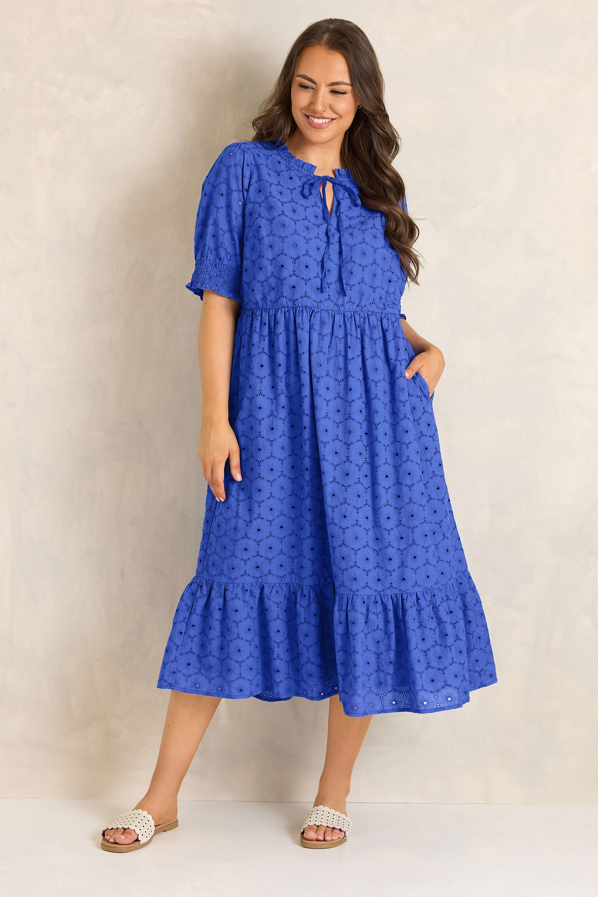 EVANS Plus Size Blue Tie Neck Broderie Cotton Maxi Dress | Evans 1