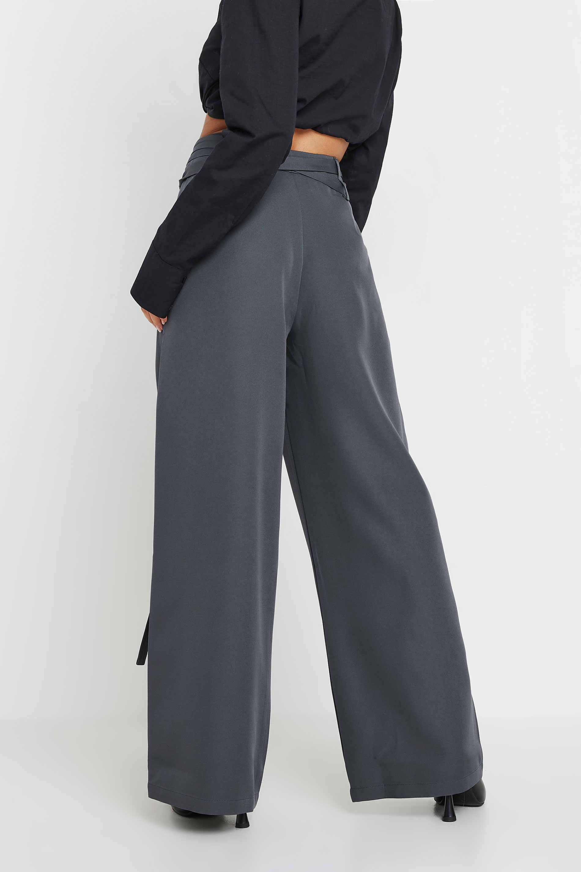 PixieGirl Petite Women's Grey Double Wrap Belted Wide Leg Trousers | PixieGirl 2