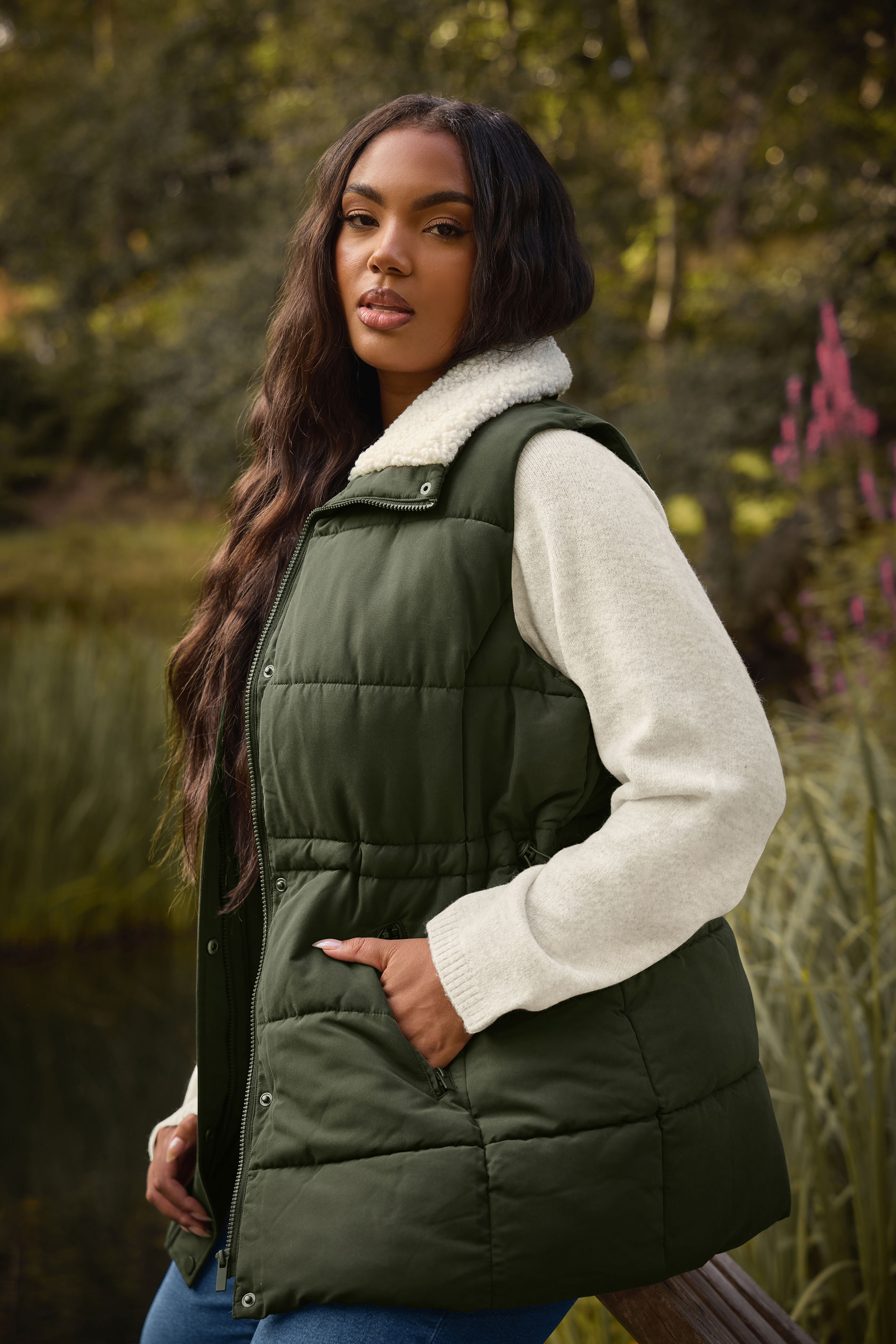 YOURS Plus Size Khaki Green Padded Gilet | Yours Clothing 2