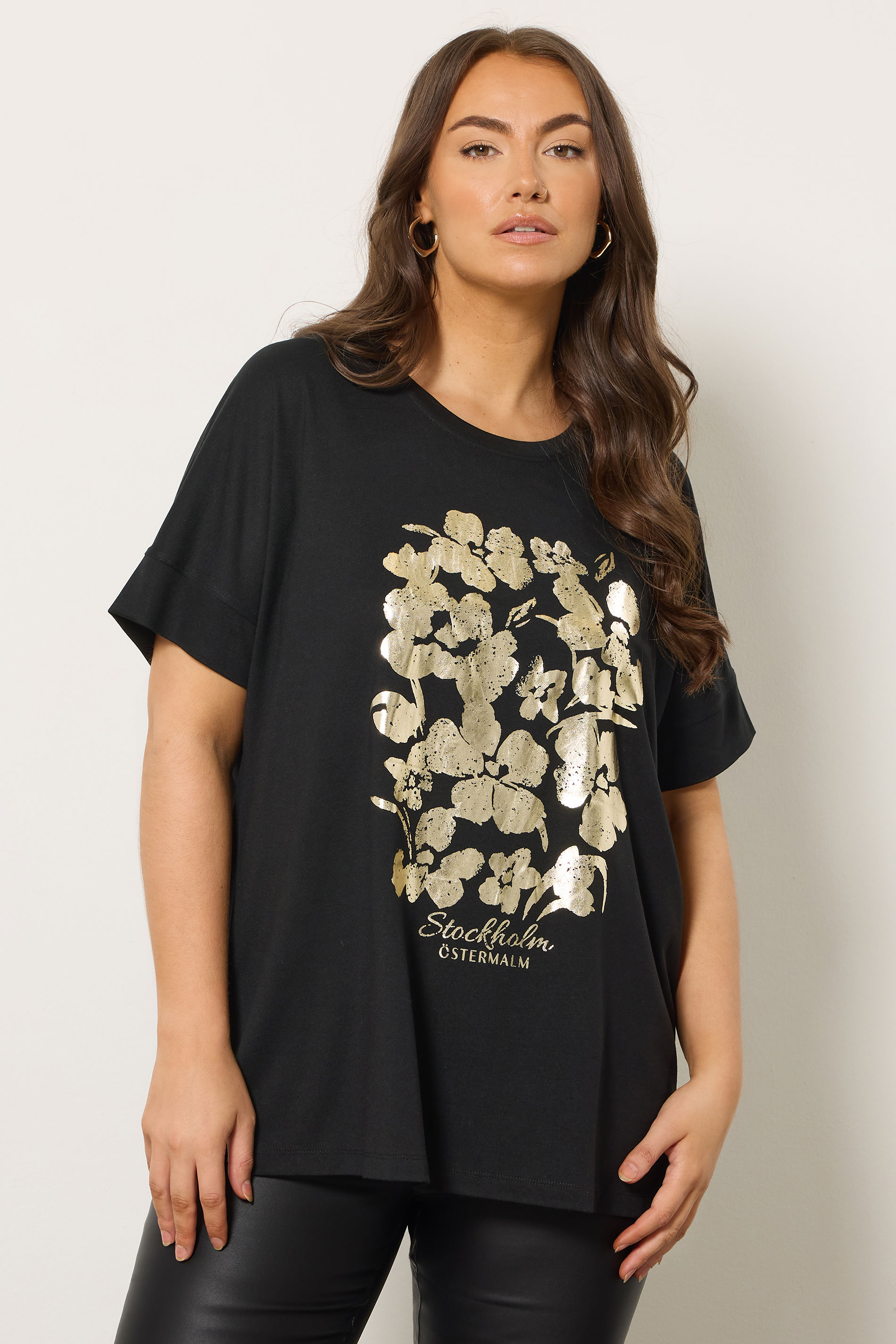 EVANS Plus Size Black & Gold Floral Foil Detail Modal Top | Evans 3