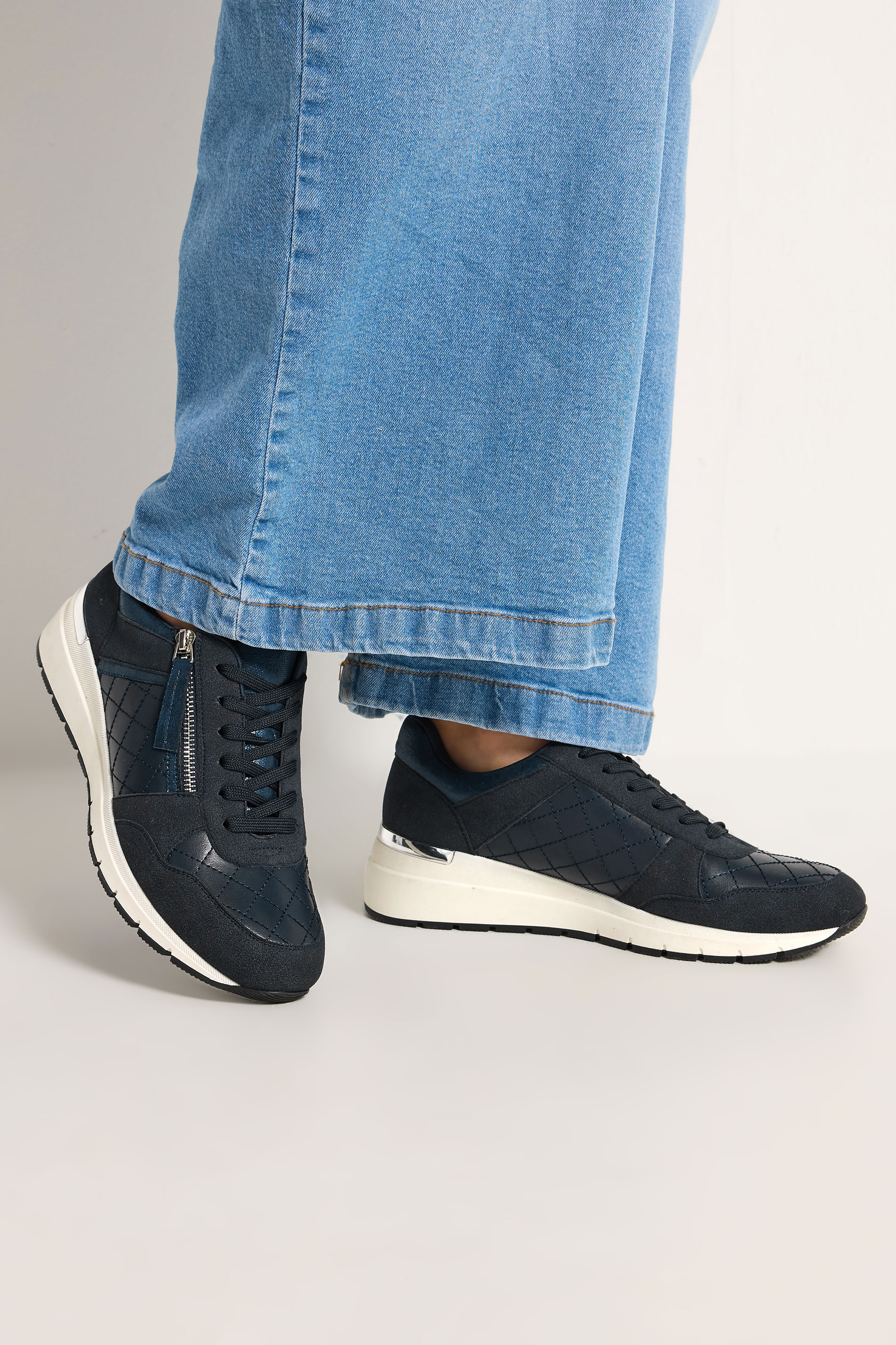 Navy Blue Quilted Wedge Trainer In Wide E Fit | Yours Clothing 1