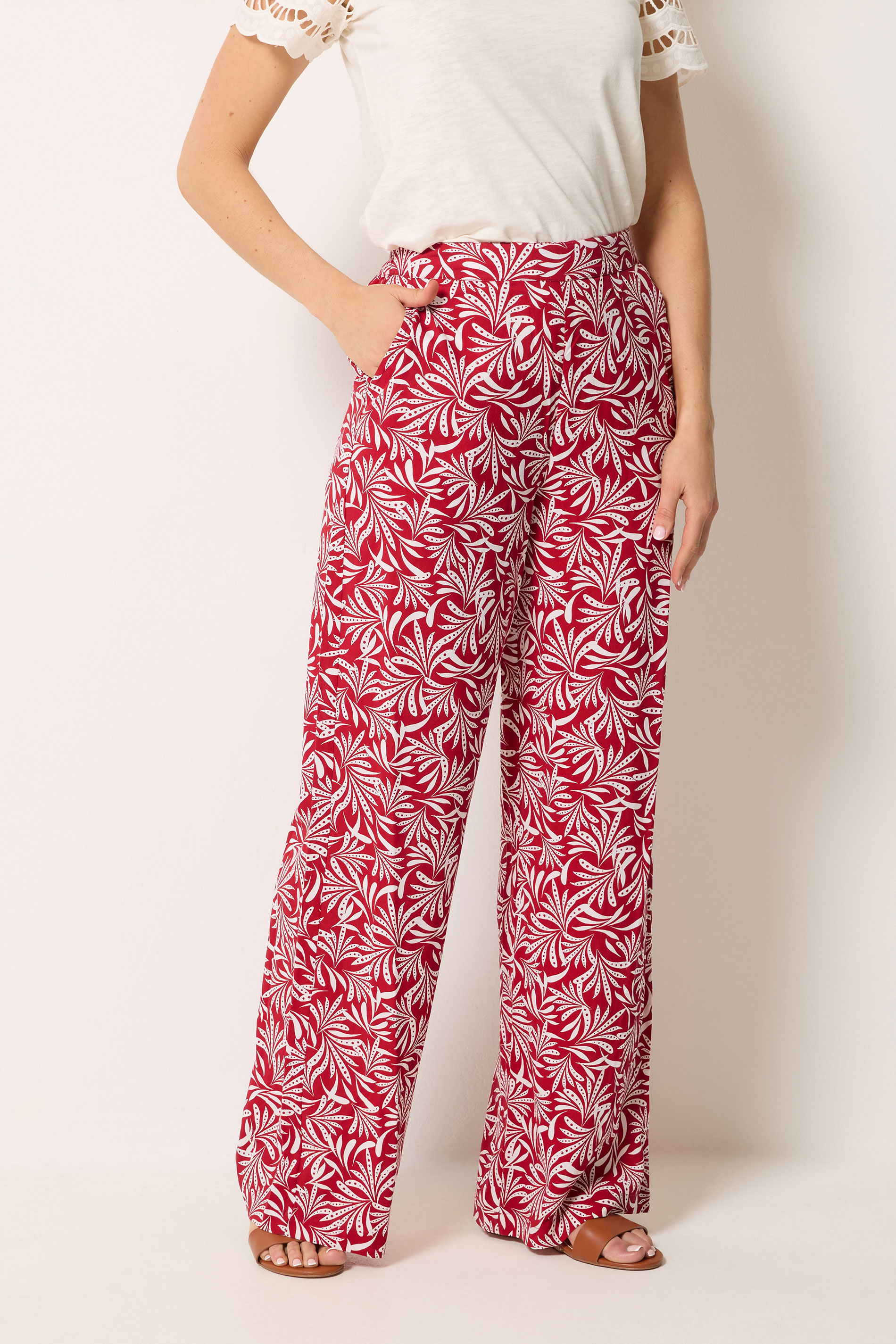 LTS Tall Women's Red Leaf Print Wide Leg Trousers | Long Tall Sally 1