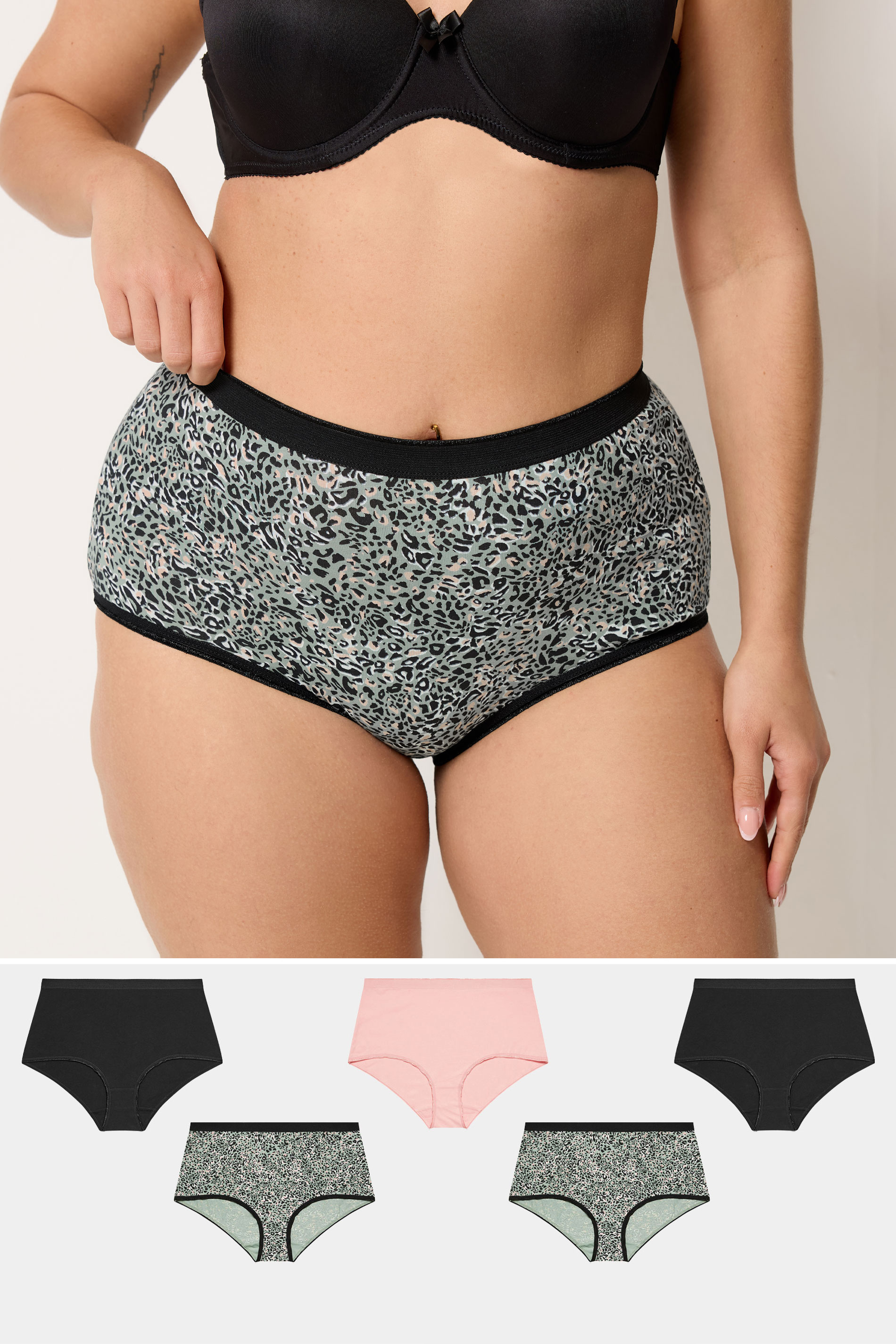 YOURSET 5 PACK Plus Size Black & Khaki Green Animal Print Full Briefs | Yours Clothing 1