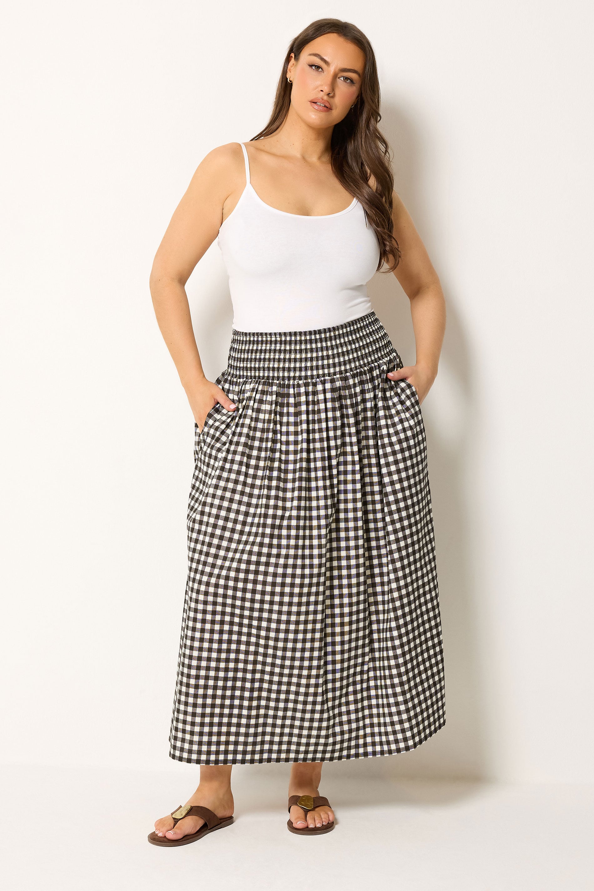 YOURS Plus Size Chocolate Brown Gingham Maxi Skirt | Yours Clothing 1