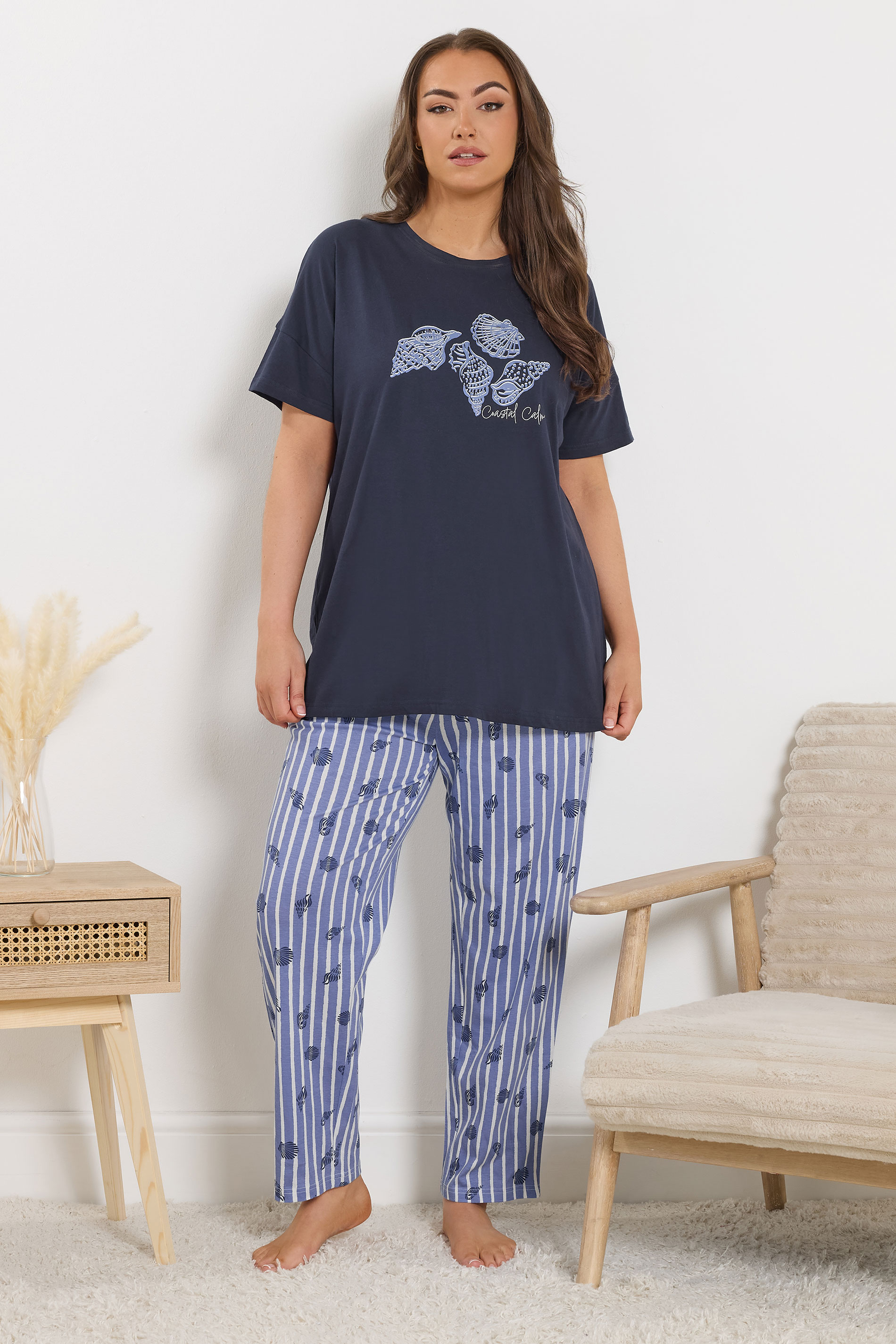 YOURS Plus Size Blue 'Coastal Calm' Stripe Pyjama Set | Yours Clothing 1