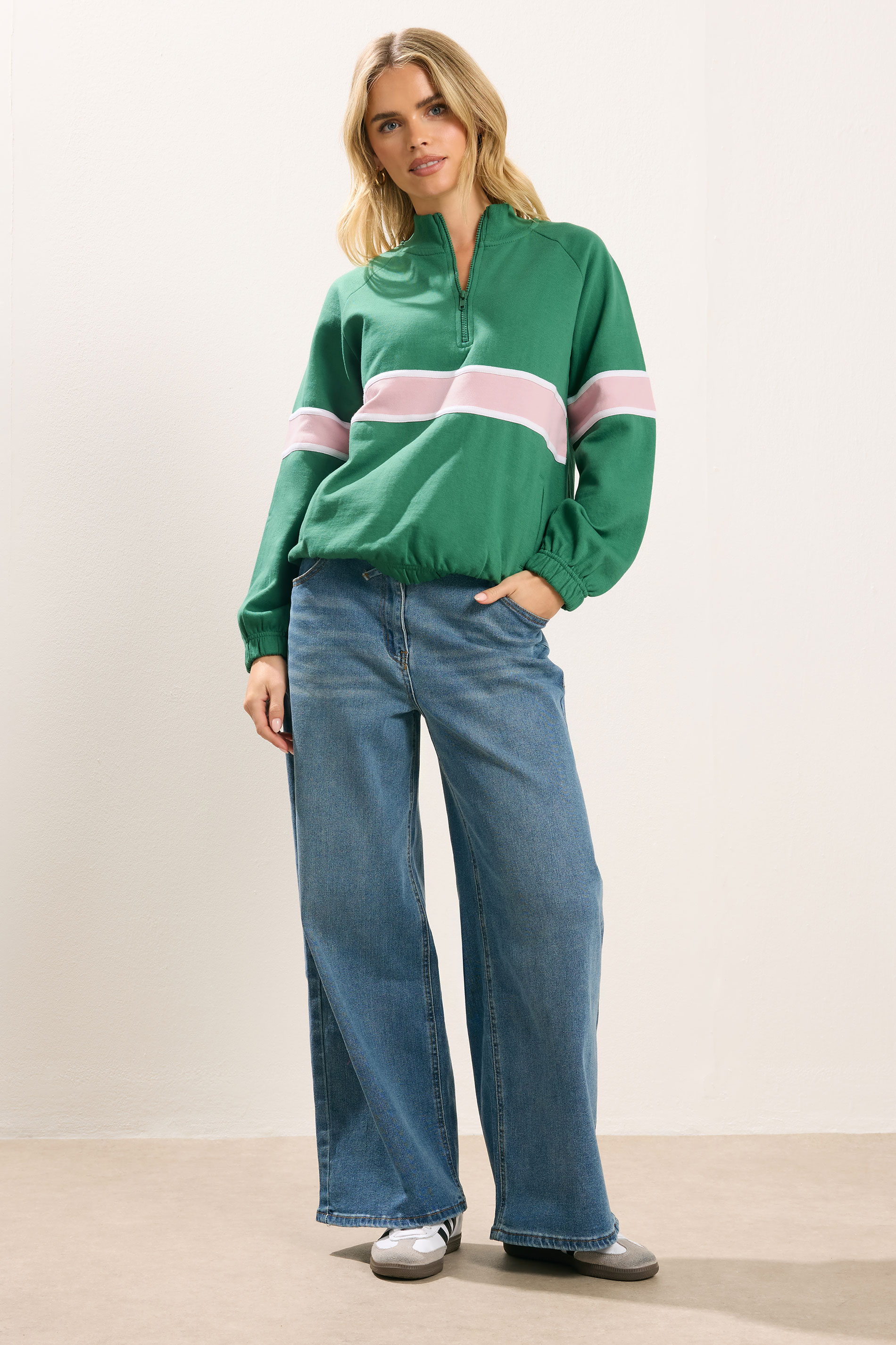 PixieGirl Petite Women's Green Stripe Quarter Zip Sweatshirt | PixieGirl 1