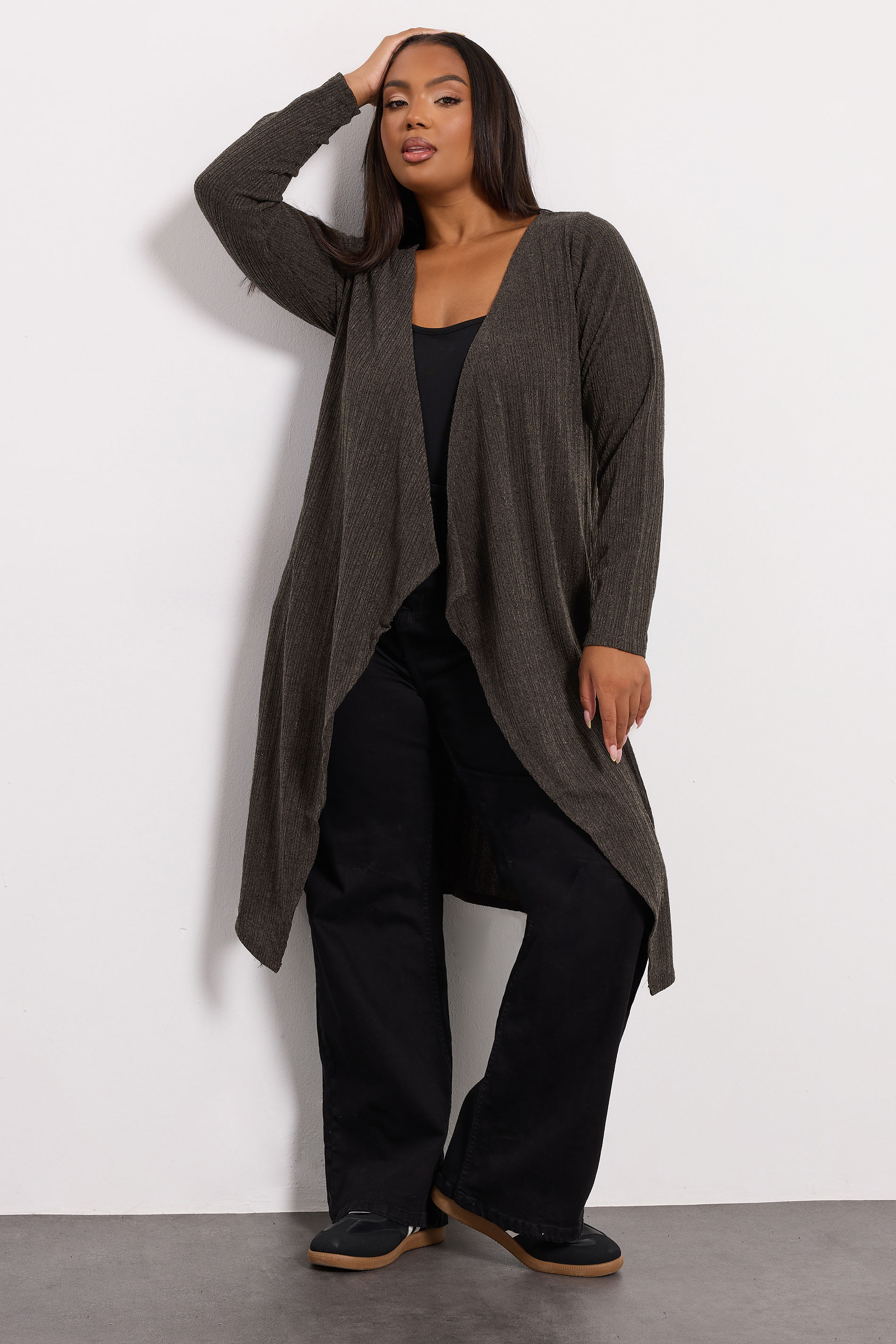 YOURS Plus Size Chocolate Brown Ribbed Midaxi Waterfall Cardigan | Yours Clothing 1