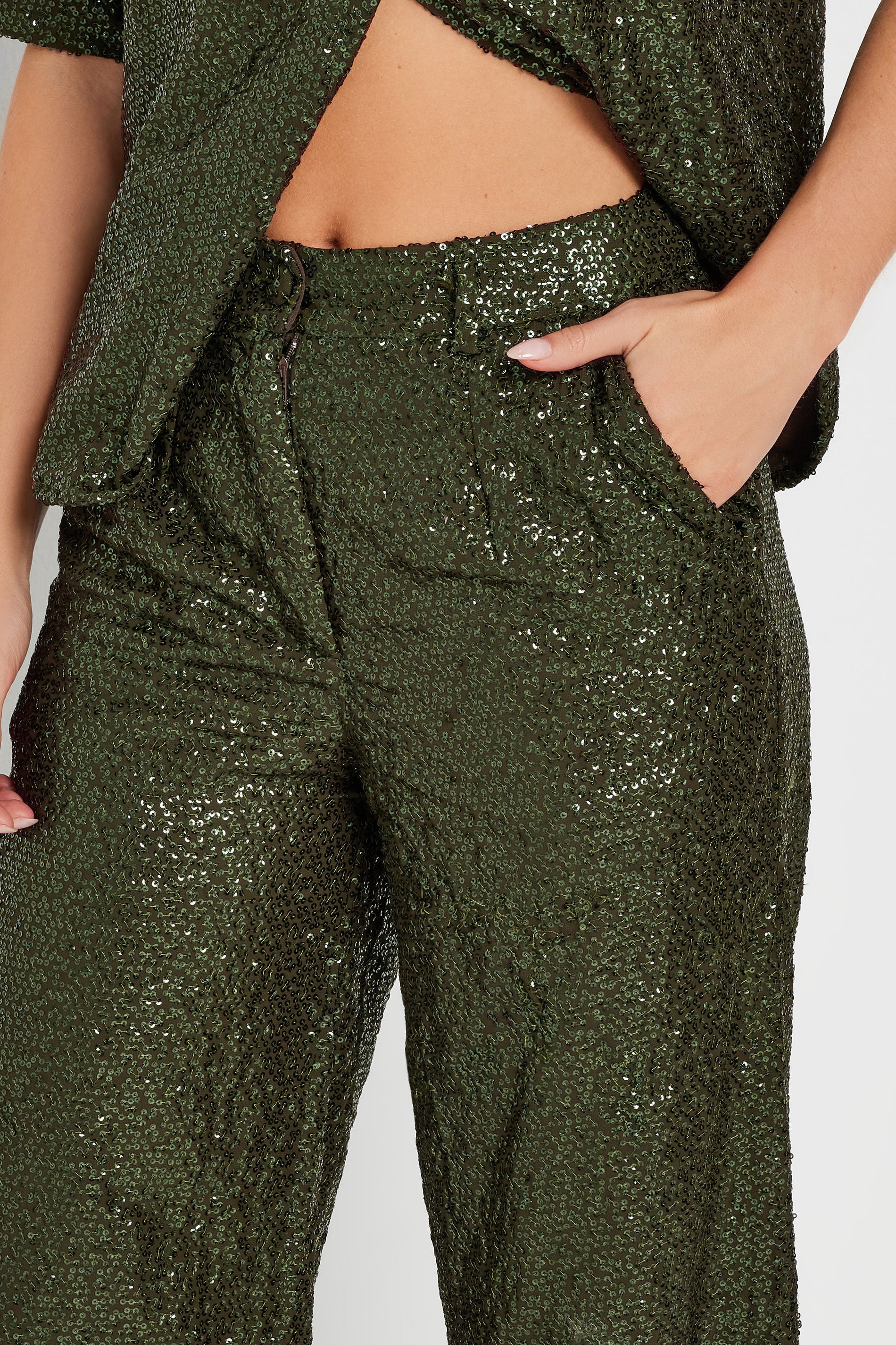 PixieGirl Petite Women's Khaki Green Sequin Embellished Wide Leg Trousers | PixieGirl 5