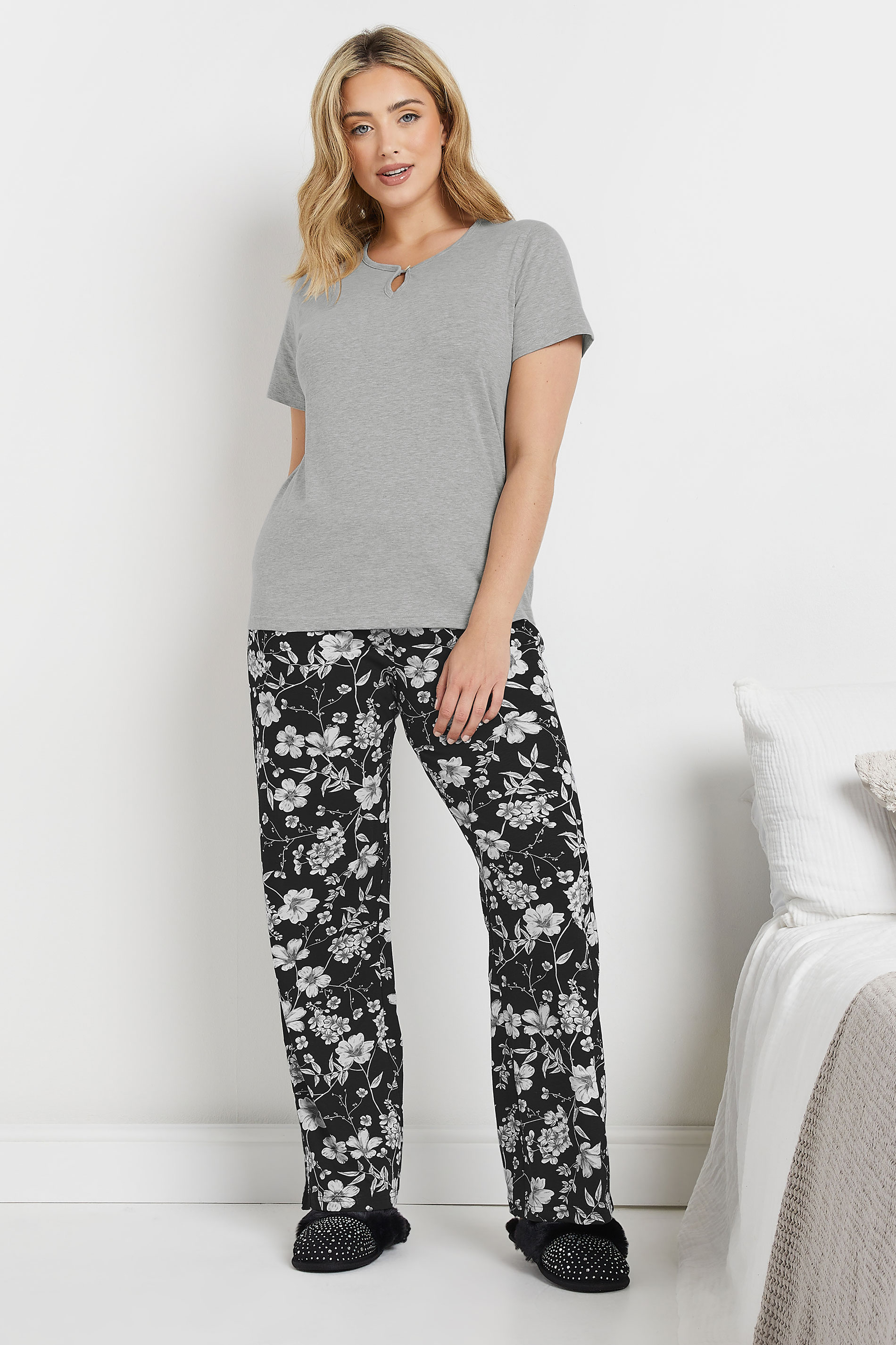 M&Co Grey Floral Print Cotton Wide Leg Pyjama Set | M&Co 1