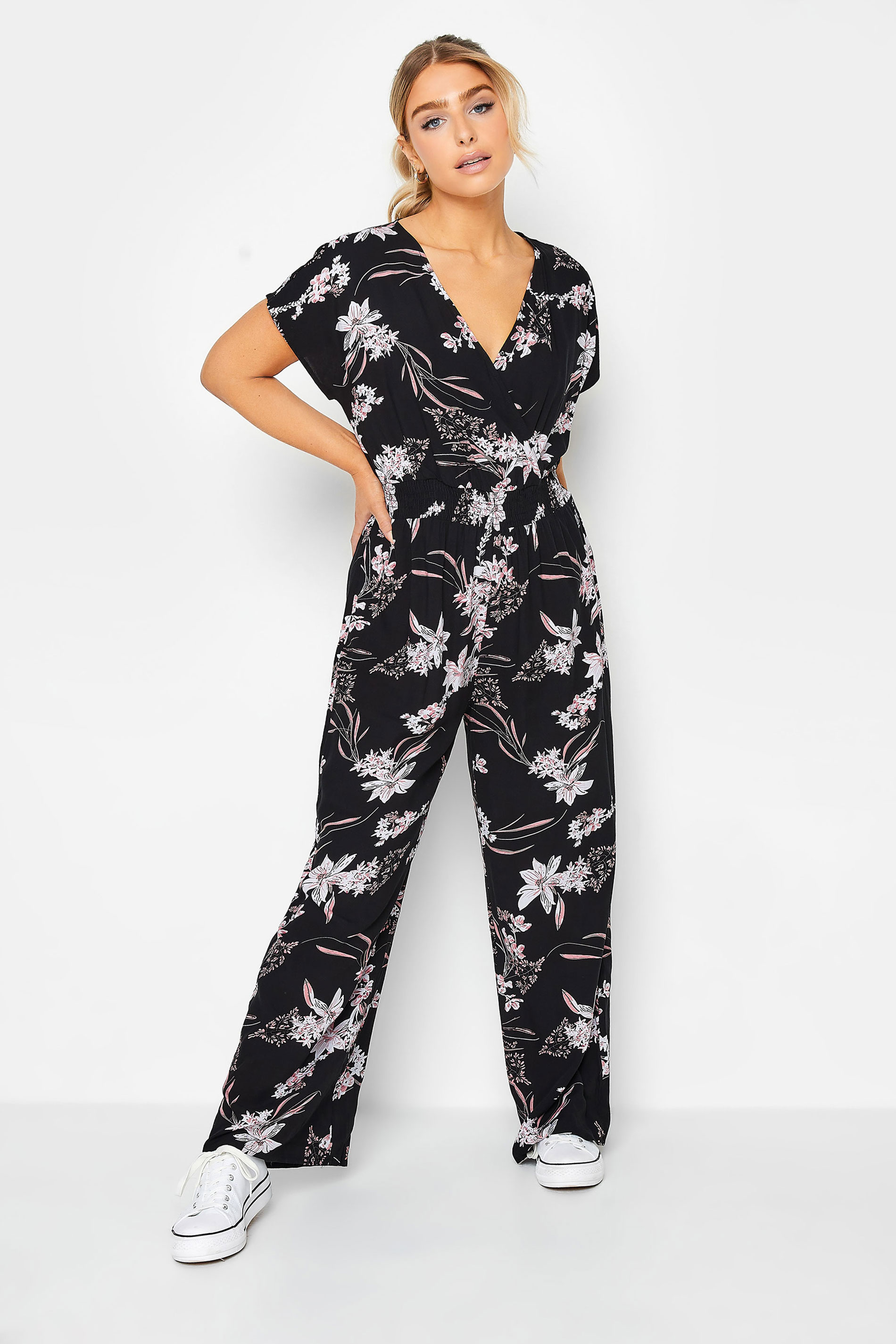 M&Co Black Floral Wrap Jumpsuit | M&Co 1