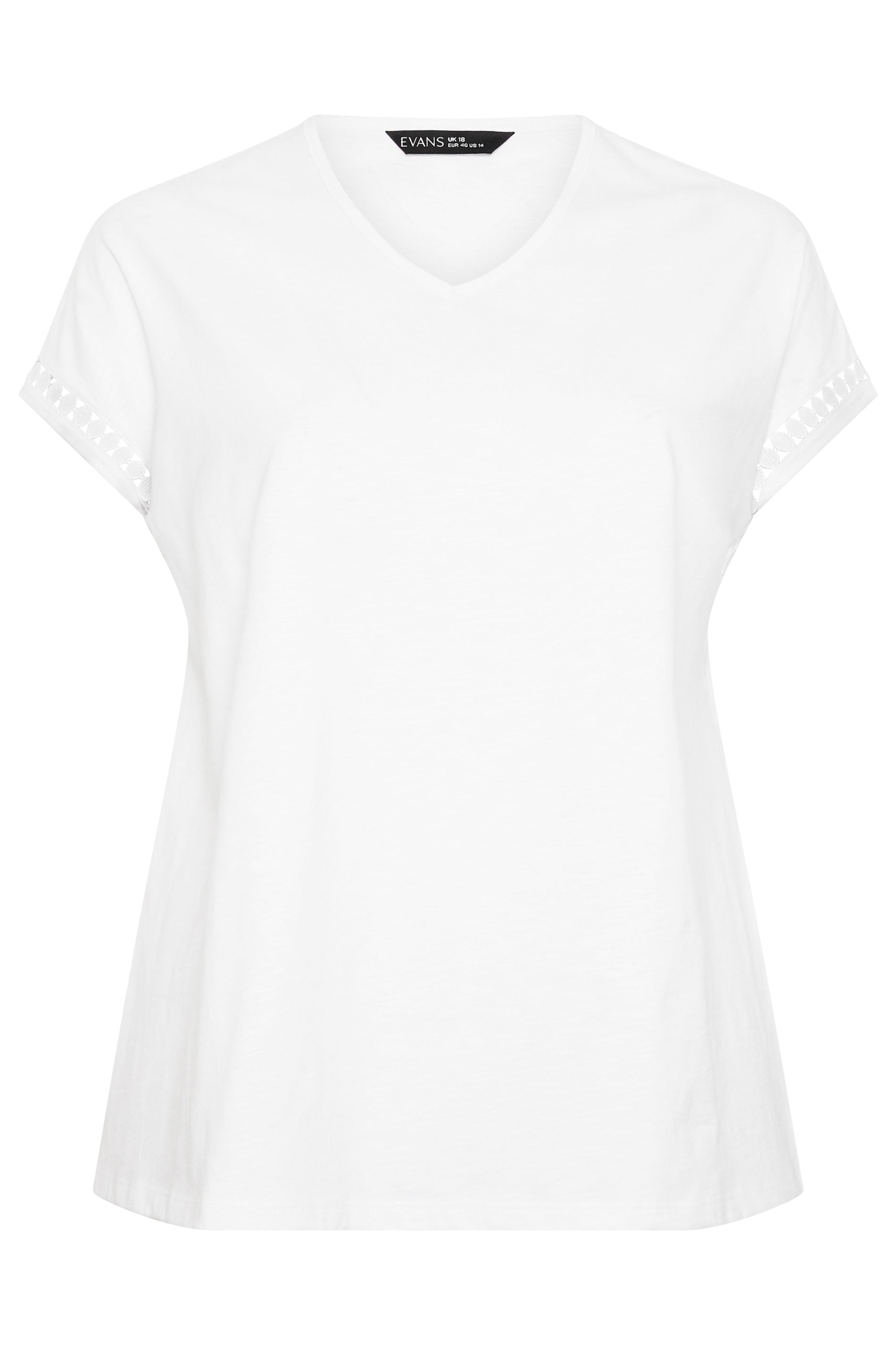 EVANS Plus Size White Crochet Trim Cotton V Neck T-Shirt | Evans 5