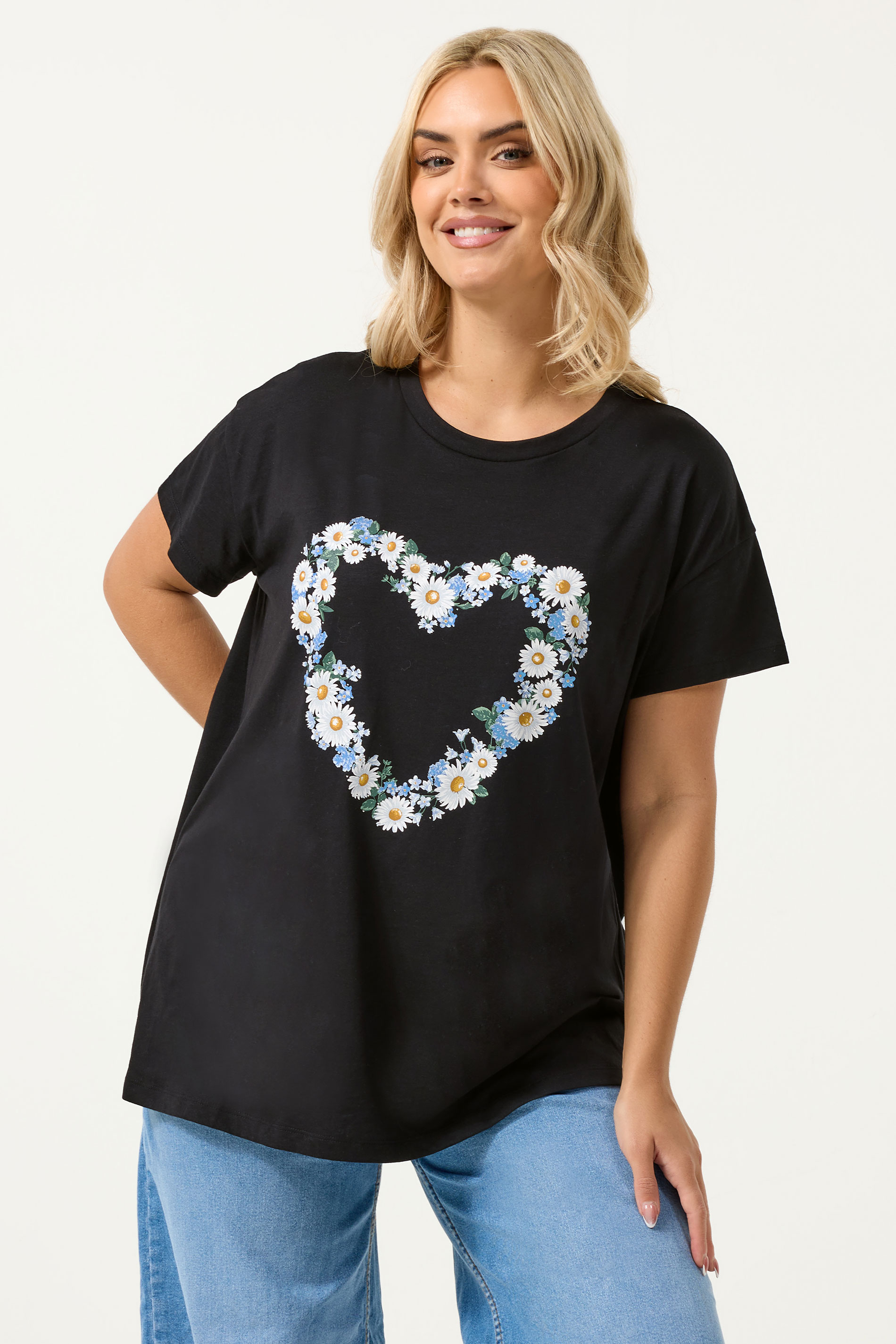 YOURS Plus Size Black Daisy Heart T-Shirt | Yours Clothing 3