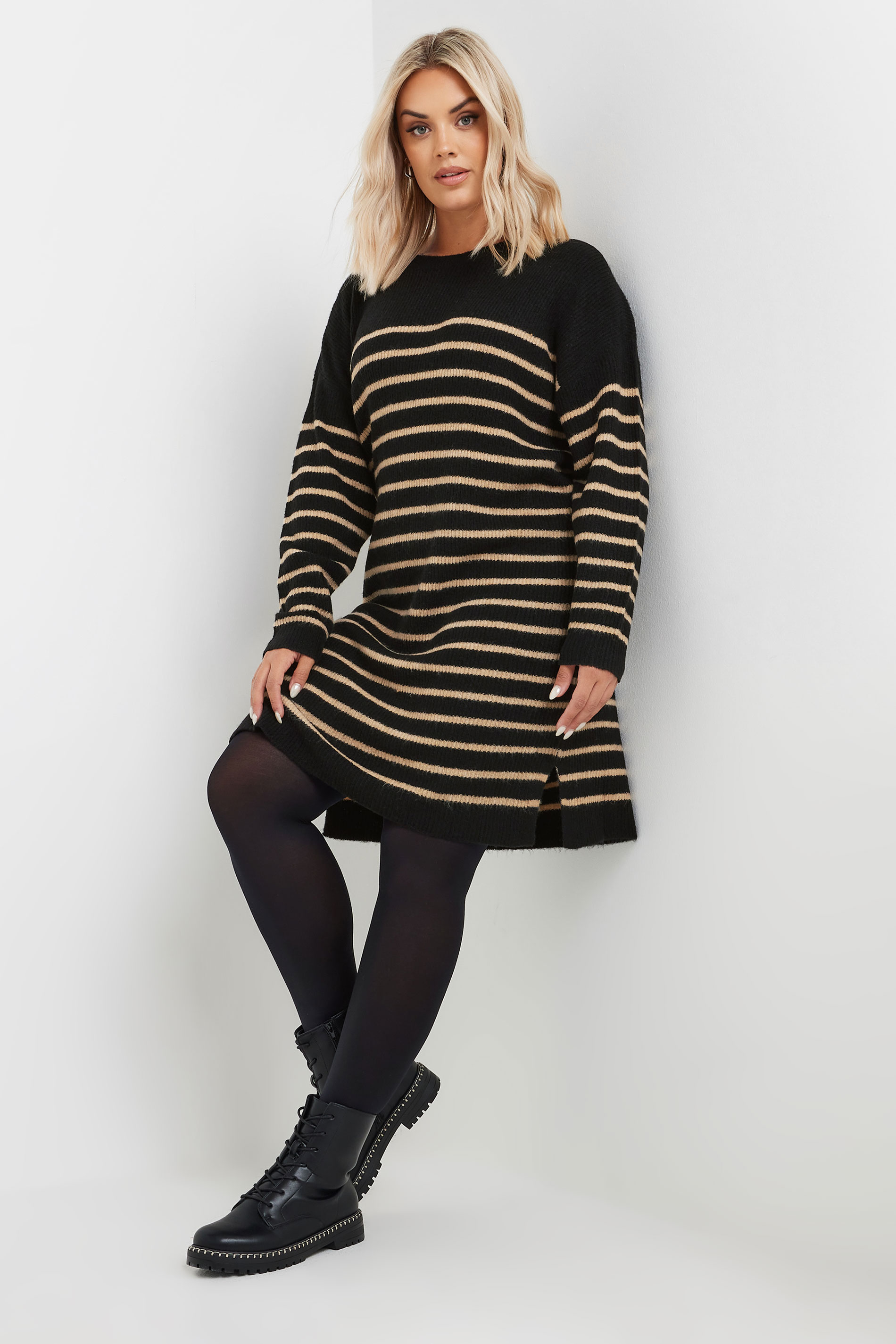 YOURS Plus Size Black Striped Knitted Jumper Dress | Yours Clothing 1