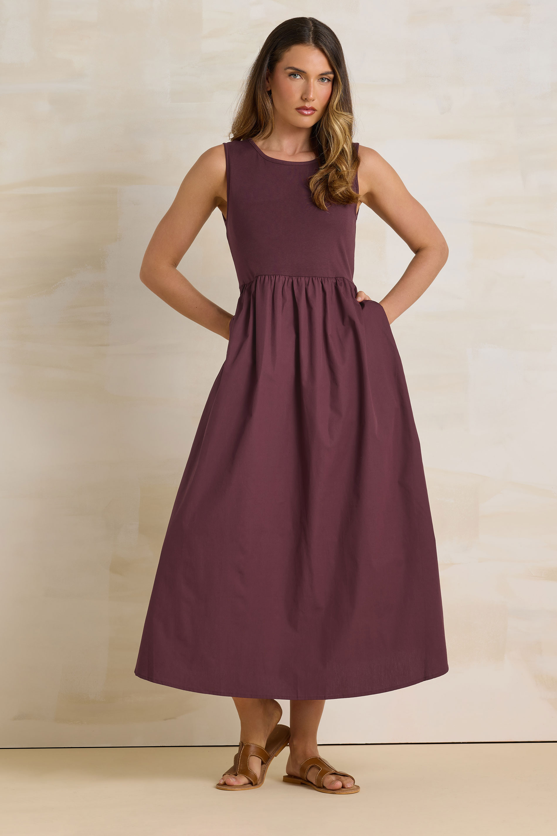 LTS Tall Burgundy Red Jersey & Woven Mix Cotton Midi Dress | Long Tall Sally 1