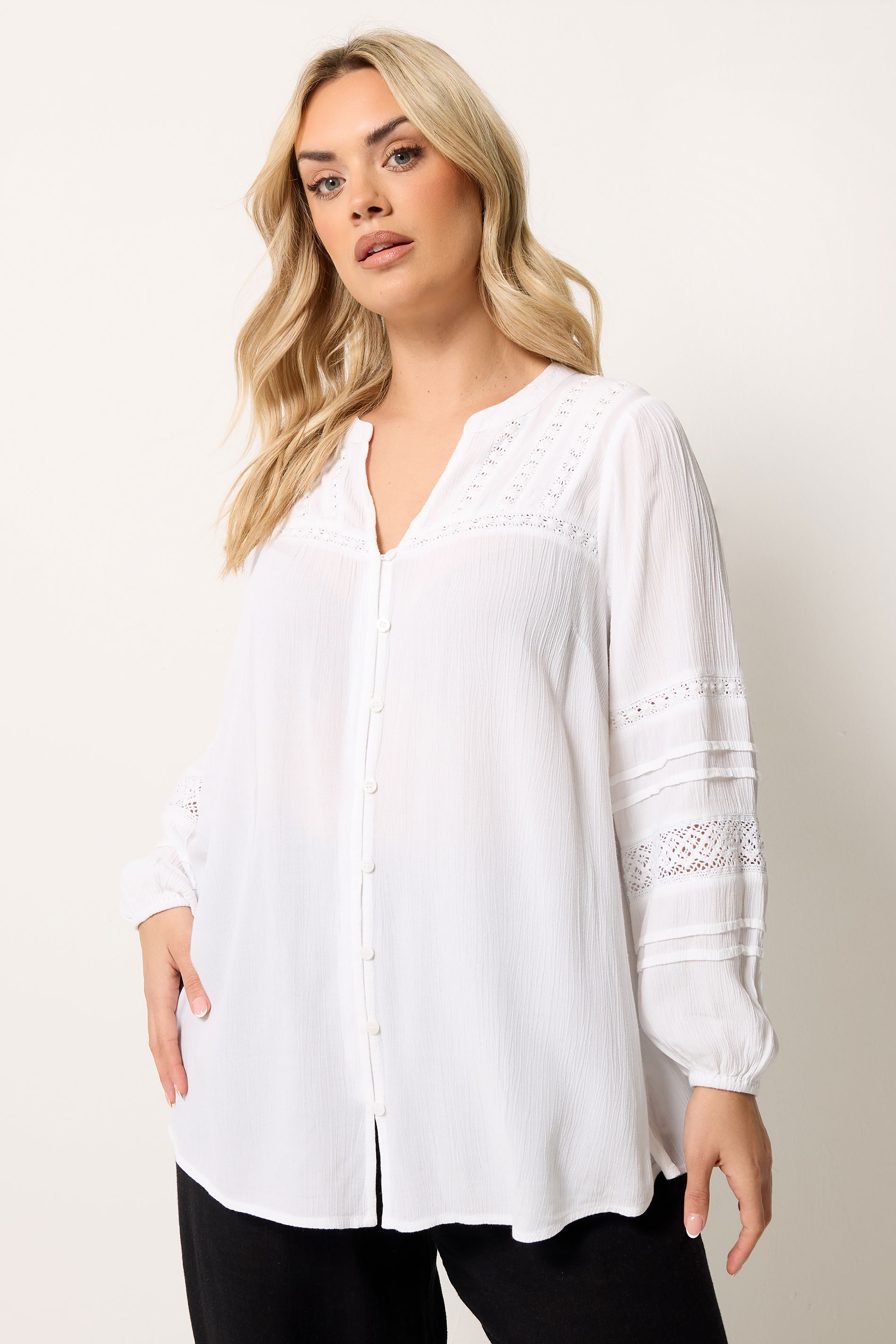 YOURS Plus Size White Notch Neck Crochet Blouse | Yours Clothing 3